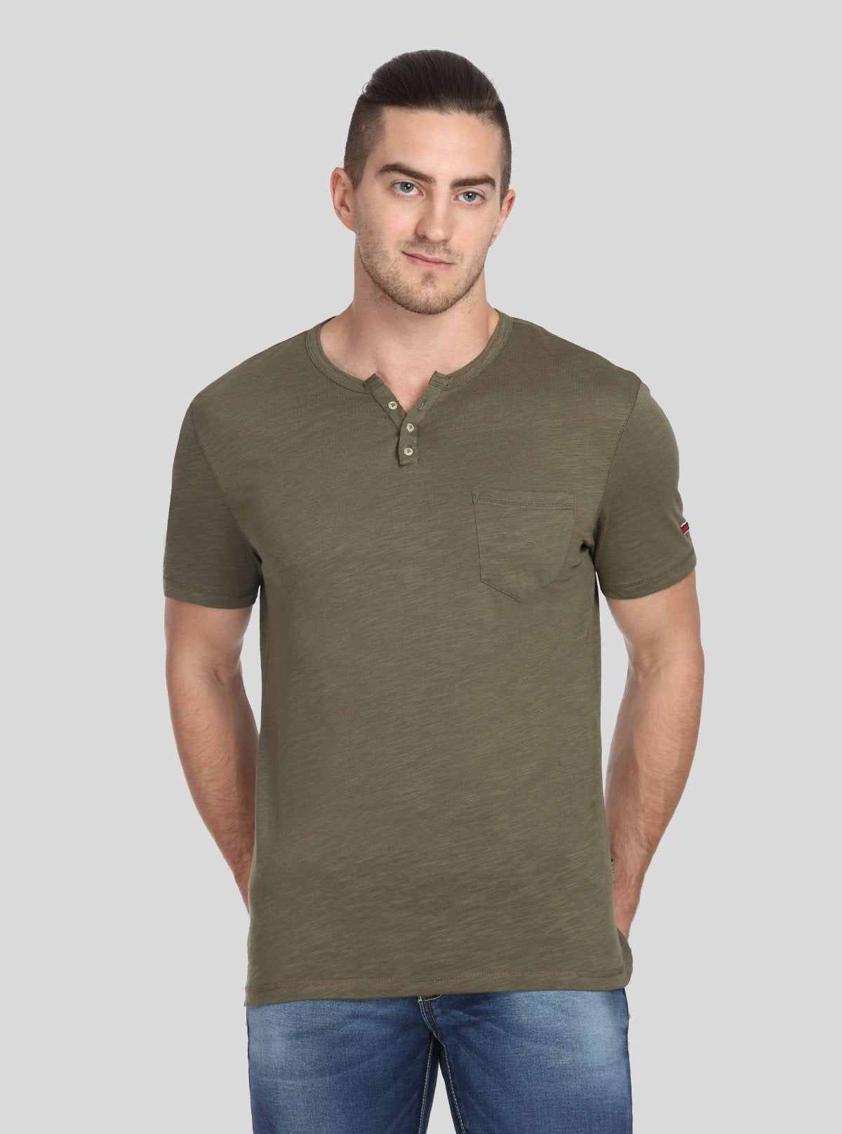 Men’s Olive Green Henley T-Shirt with Patch Pocket – Rugged & Refined - Boer and Fitch