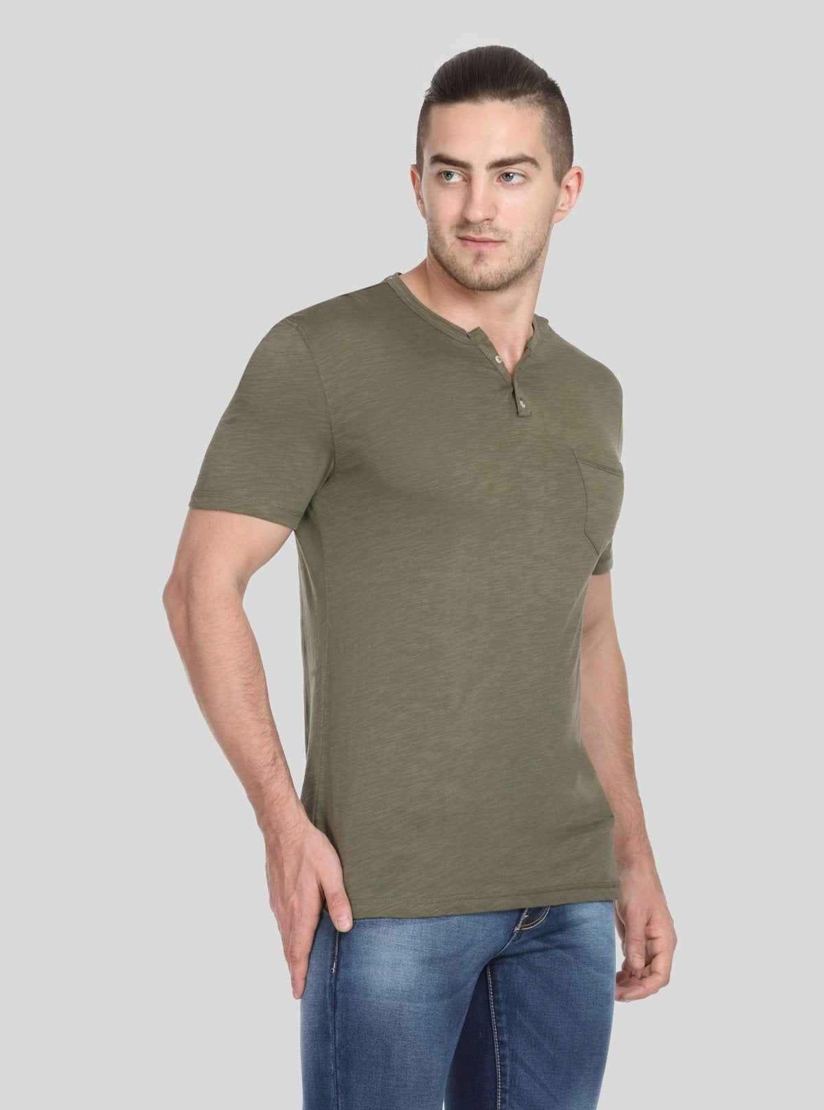 Men’s Olive Green Henley T-Shirt with Patch Pocket – Rugged & Refined - Boer and Fitch