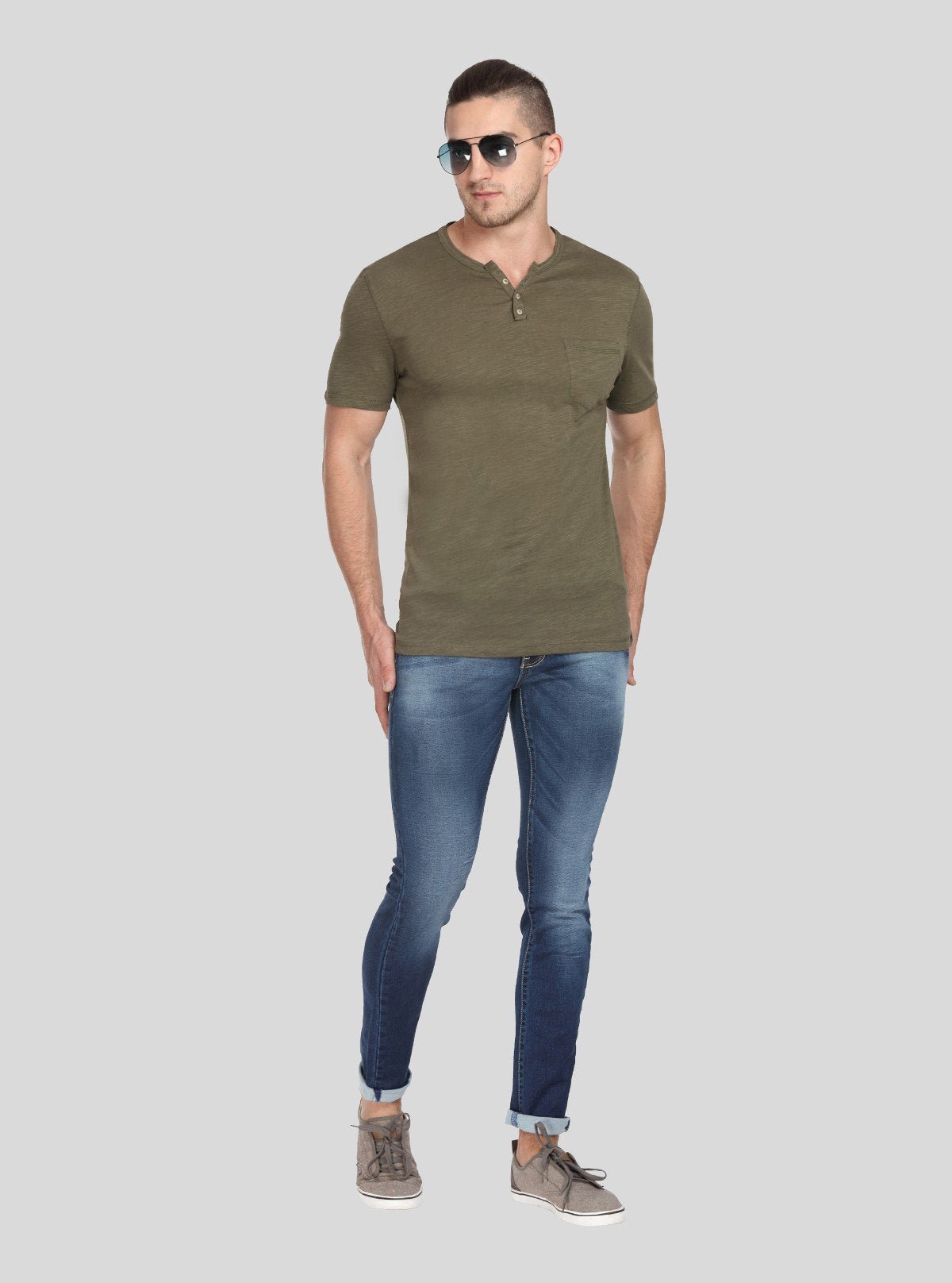 Men’s Olive Green Henley T-Shirt with Patch Pocket – Rugged & Refined - Boer and Fitch