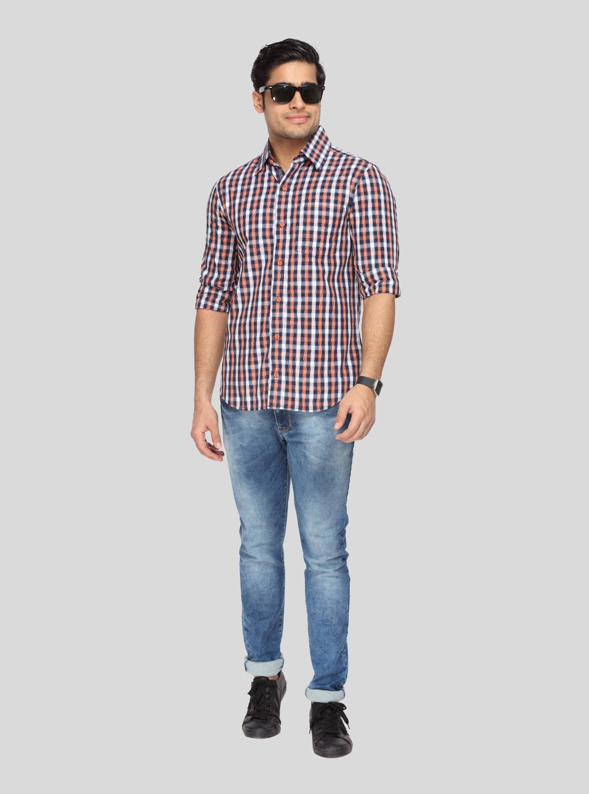 Men’s Orange and Black Checked Shirt – Bold Casual Style for Men - Boer and Fitch