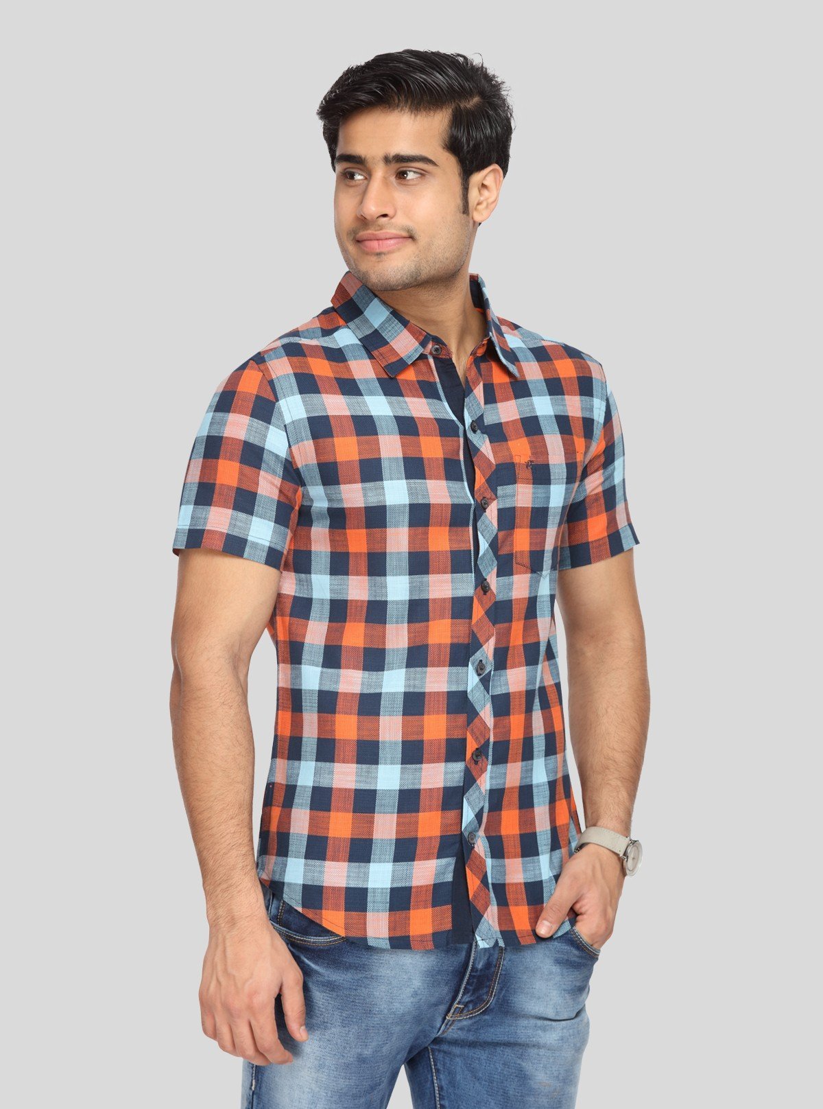 Men’s Orange & Blue Broad Checked Slim Fit Shirt – Bold Style by Boer & Fitch - Boer and Fitch