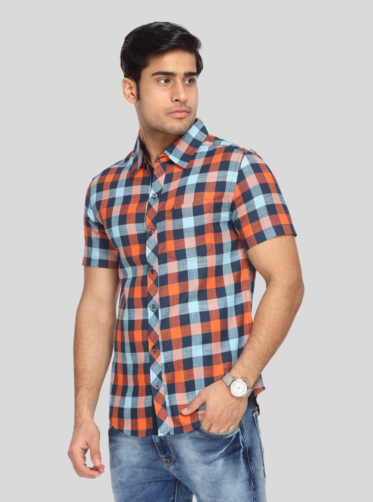 Men’s Orange & Blue Broad Checked Slim Fit Shirt – Bold Style by Boer & Fitch - Boer and Fitch
