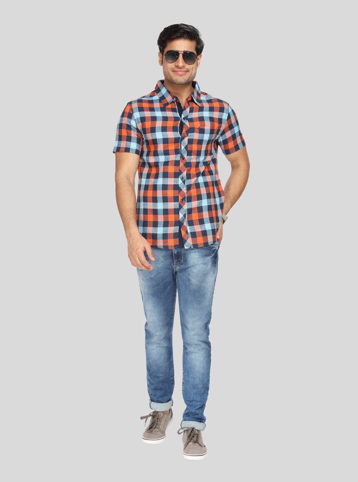 Men’s Orange & Blue Broad Checked Slim Fit Shirt – Bold Style by Boer & Fitch - Boer and Fitch