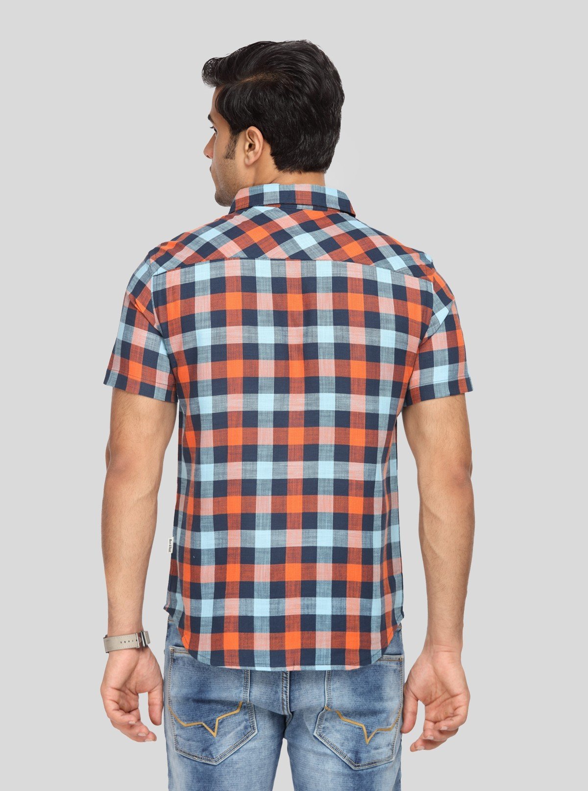 Men’s Orange & Blue Broad Checked Slim Fit Shirt – Bold Style by Boer & Fitch - Boer and Fitch