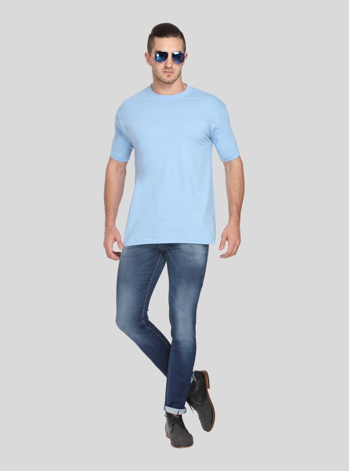 Men's Pastel Blue Basic Round Neck T-Shirt – Soft Color, Everyday Comfort - Boer and Fitch