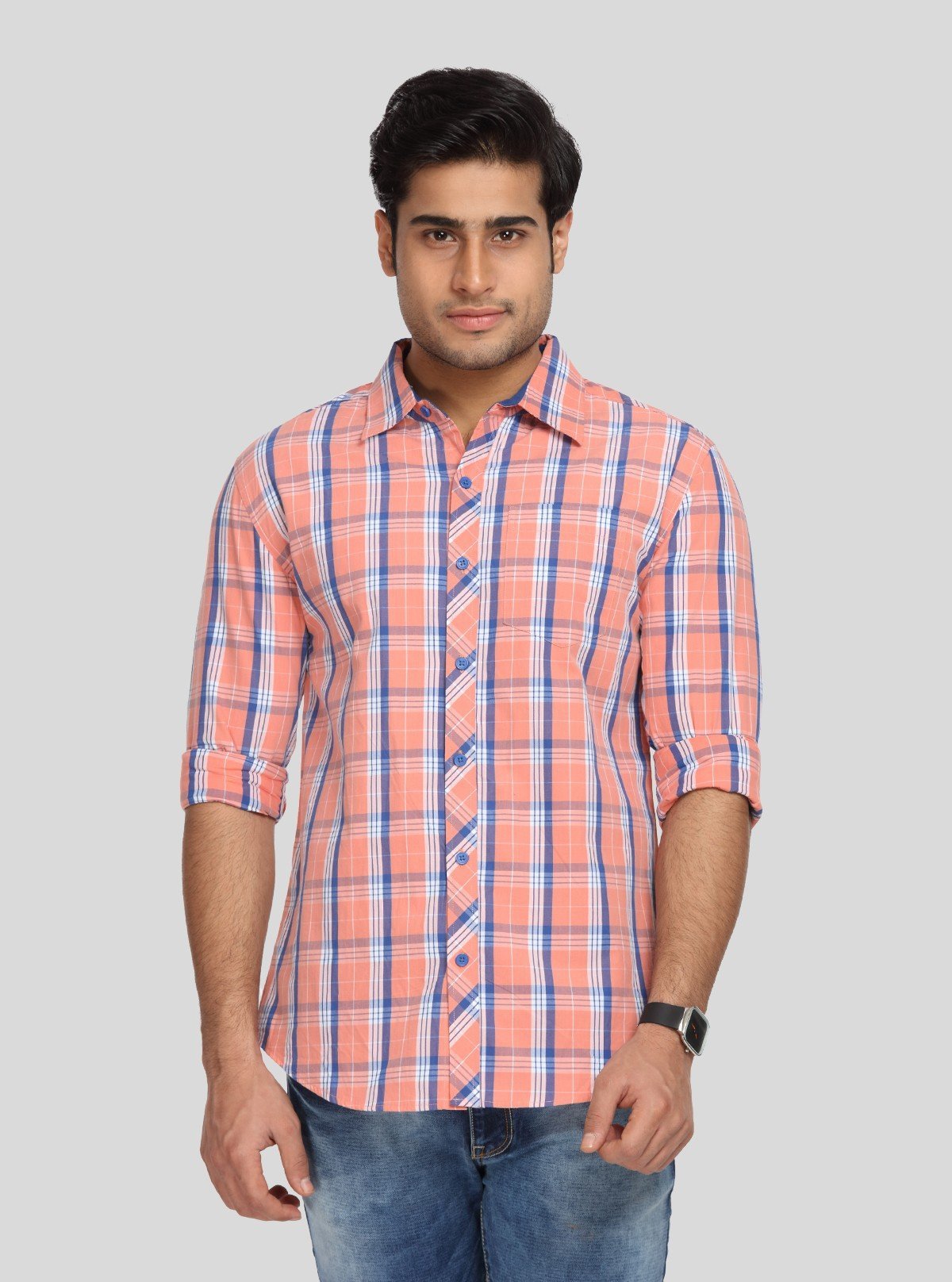 Men’s Peach Casual Checked Full Sleeve Shirt – Cool Comfort, Fresh Style - Boer and Fitch