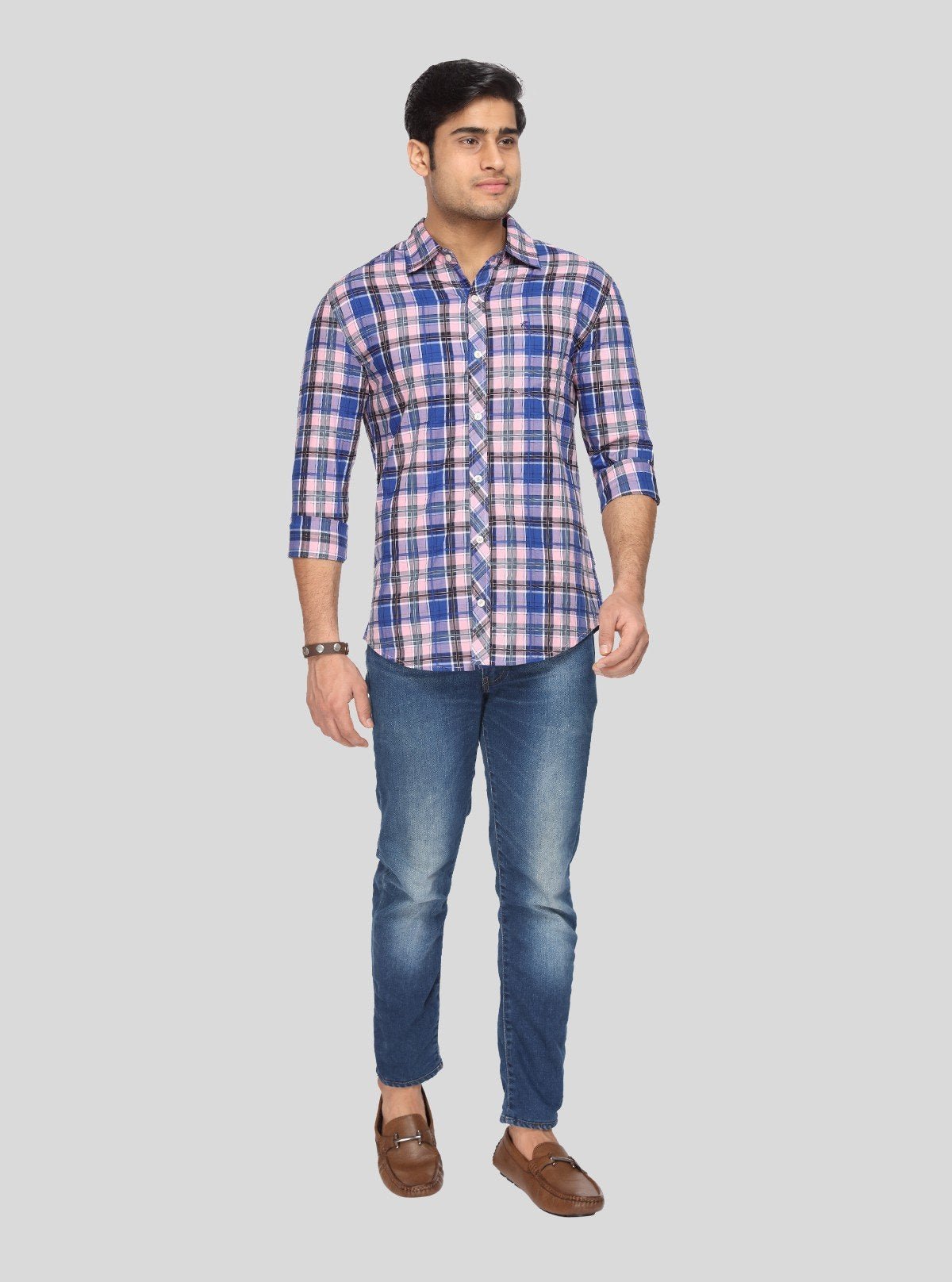 Men’s Pink and Blue Checked Slim Fit Full Sleeve Shirt – Stylish Everyday Essential by Boer & Fitch - Boer and Fitch