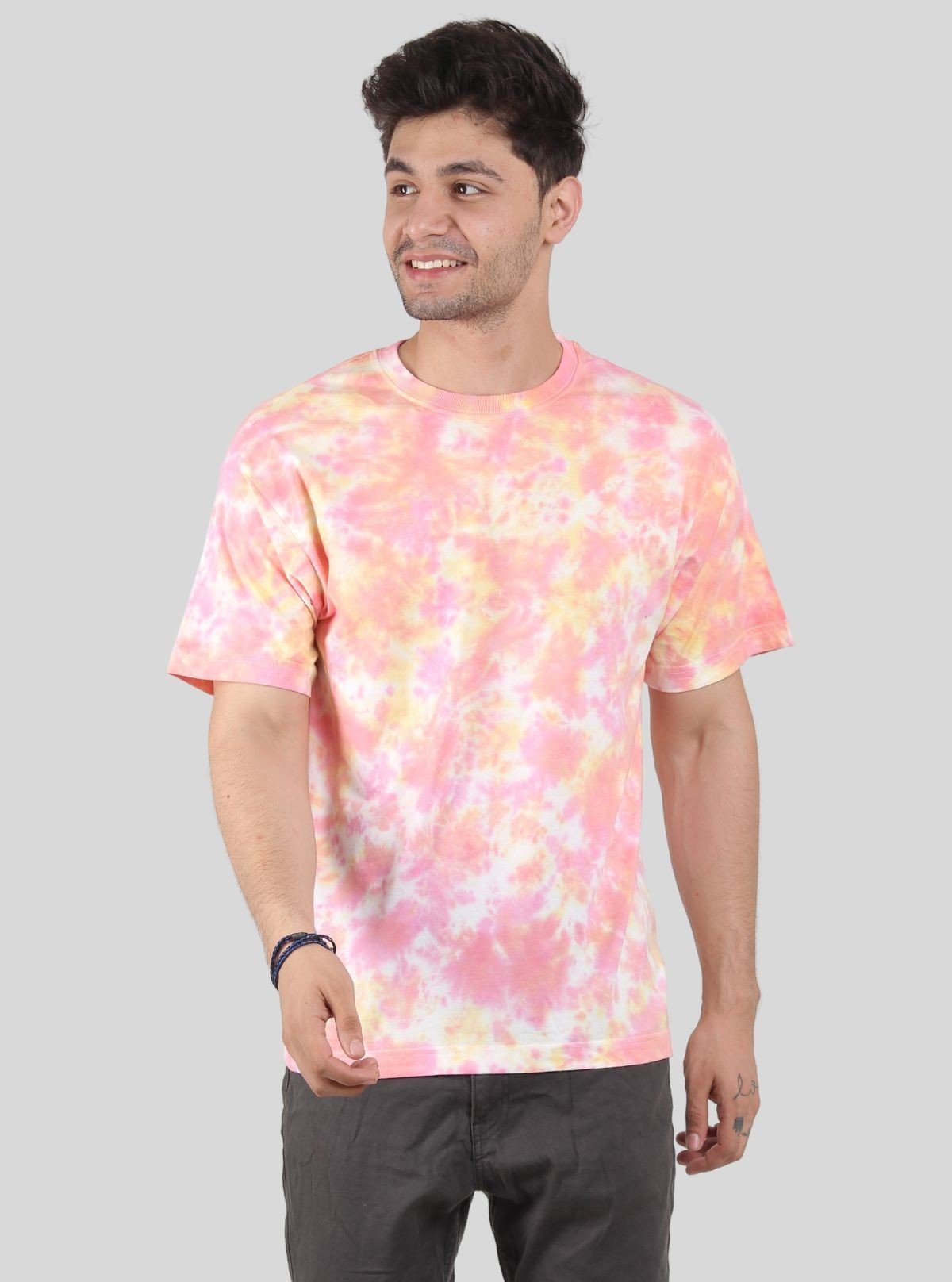 Men’s Pink and Yellow Tie and Dye T‑Shirt – Vibrant Cotton Streetwear Tee - Boer and Fitch
