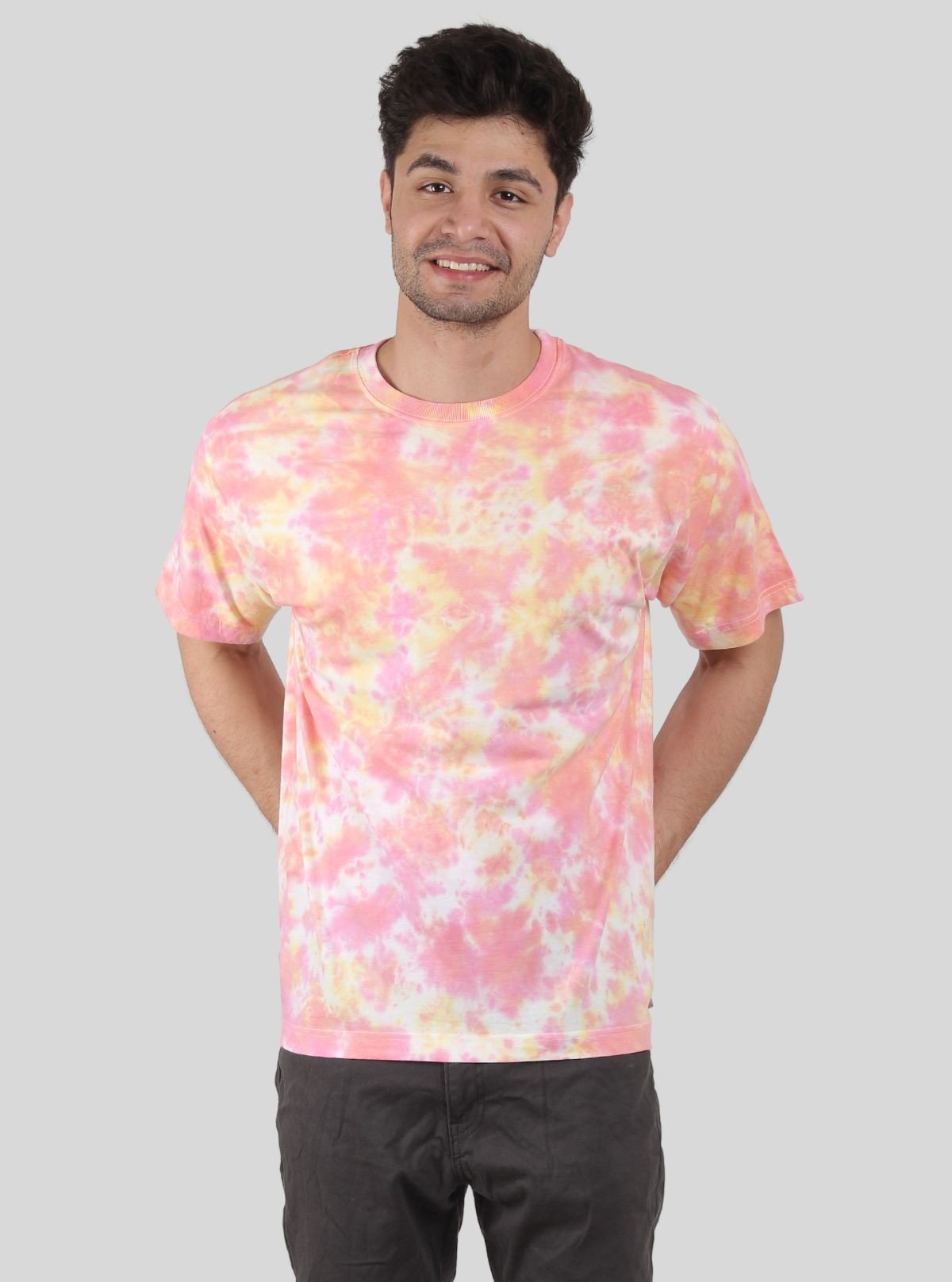 Men’s Pink and Yellow Tie and Dye T‑Shirt – Vibrant Cotton Streetwear Tee - Boer and Fitch
