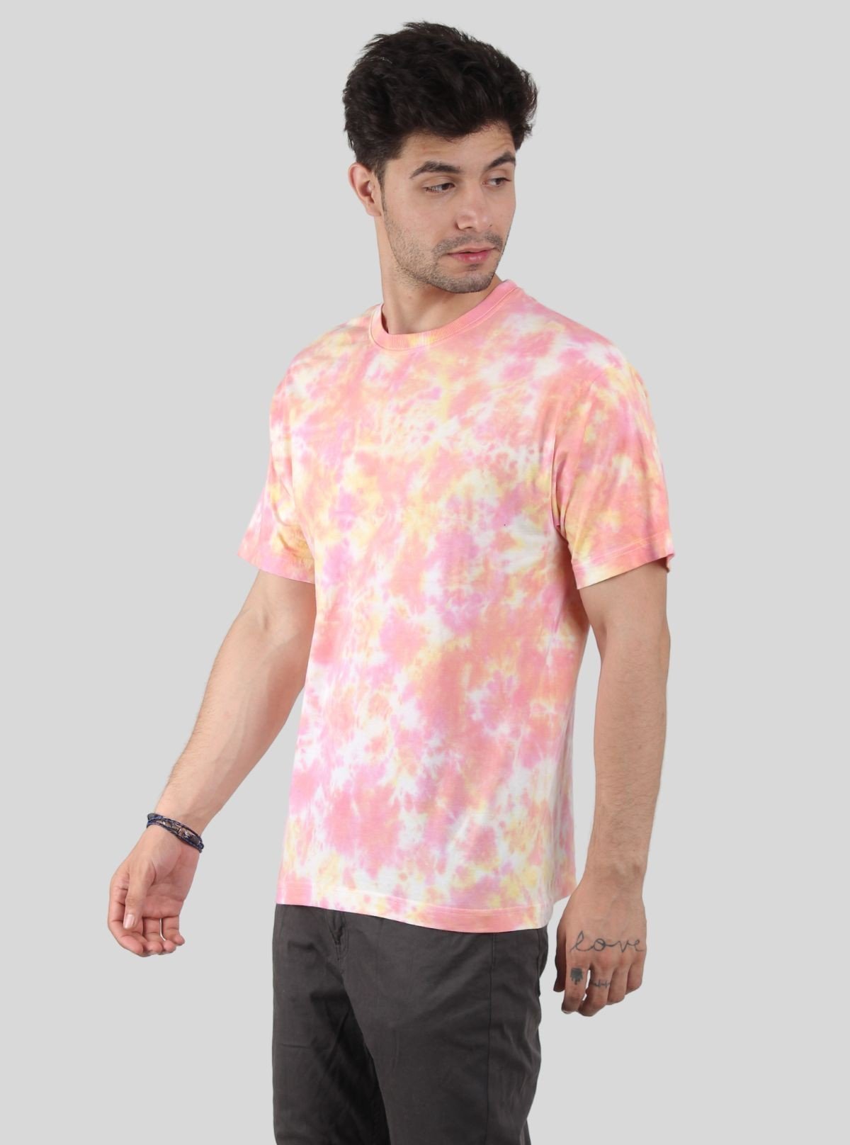 Men’s Pink and Yellow Tie and Dye T‑Shirt – Vibrant Cotton Streetwear Tee - Boer and Fitch