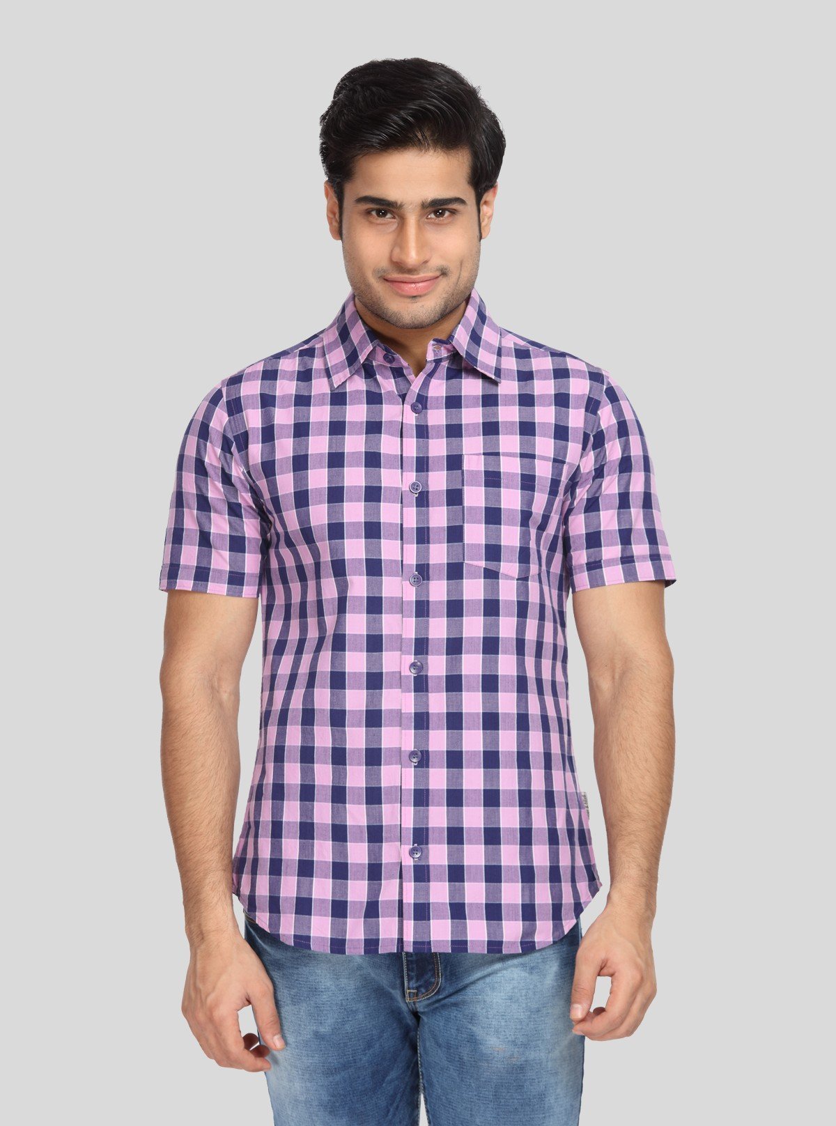 Men's Purple Broad Checked Half Sleeve Shirt – Vibrant, Breezy & Casual - Boer and Fitch