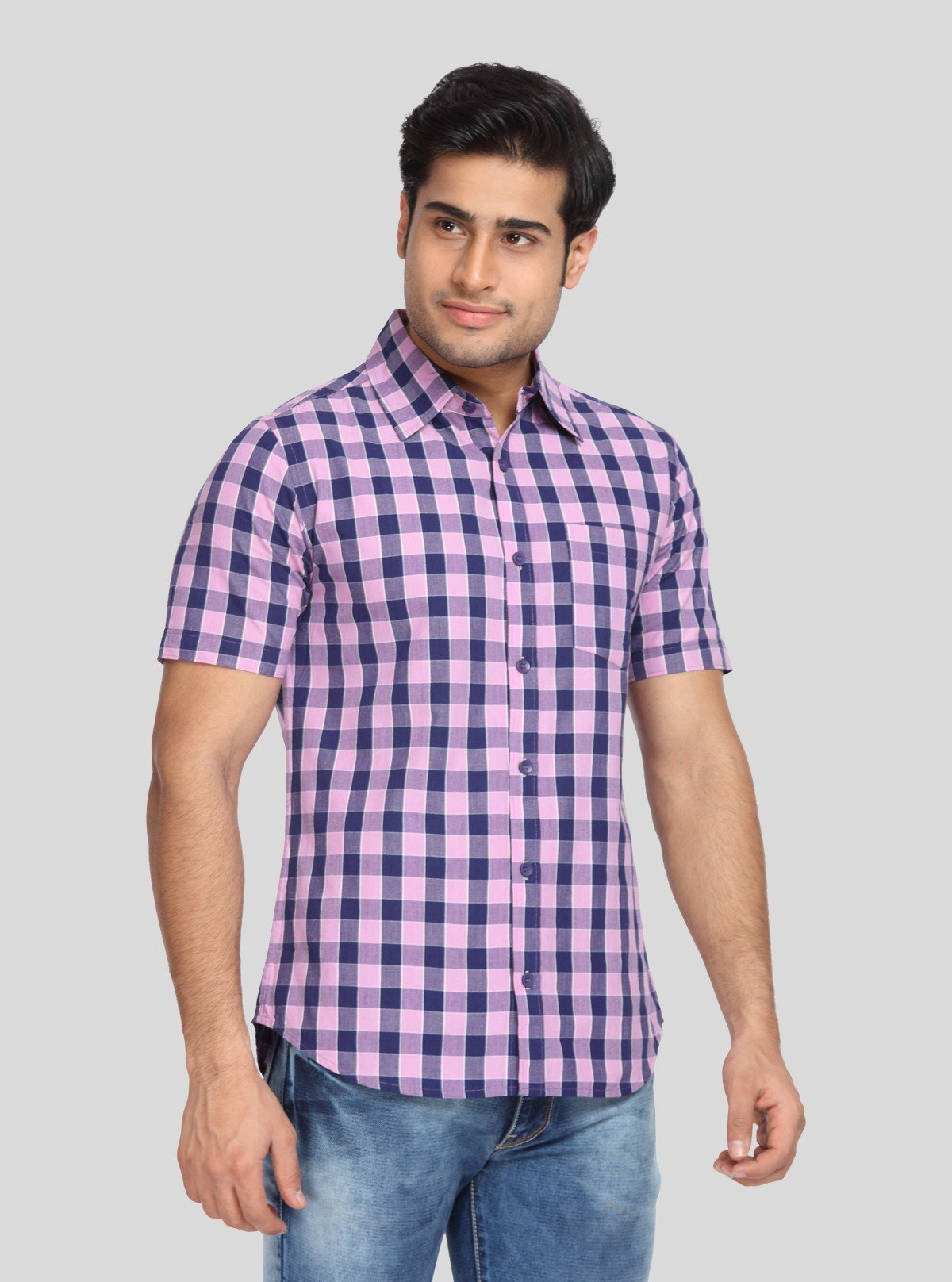 Men's Purple Broad Checked Half Sleeve Shirt – Vibrant, Breezy & Casual - Boer and Fitch