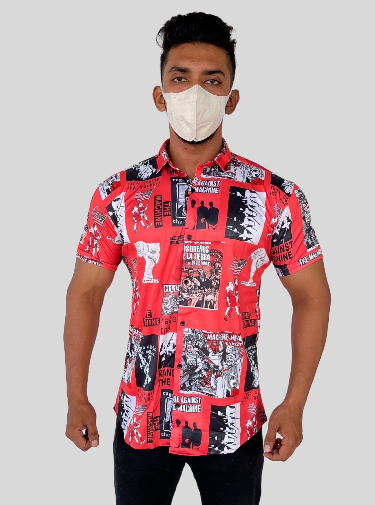 Men’s Red Photo Printed Poly Shirt – Bold & Artistic Casual Wear by Boer & Fitch - Boer and Fitch
