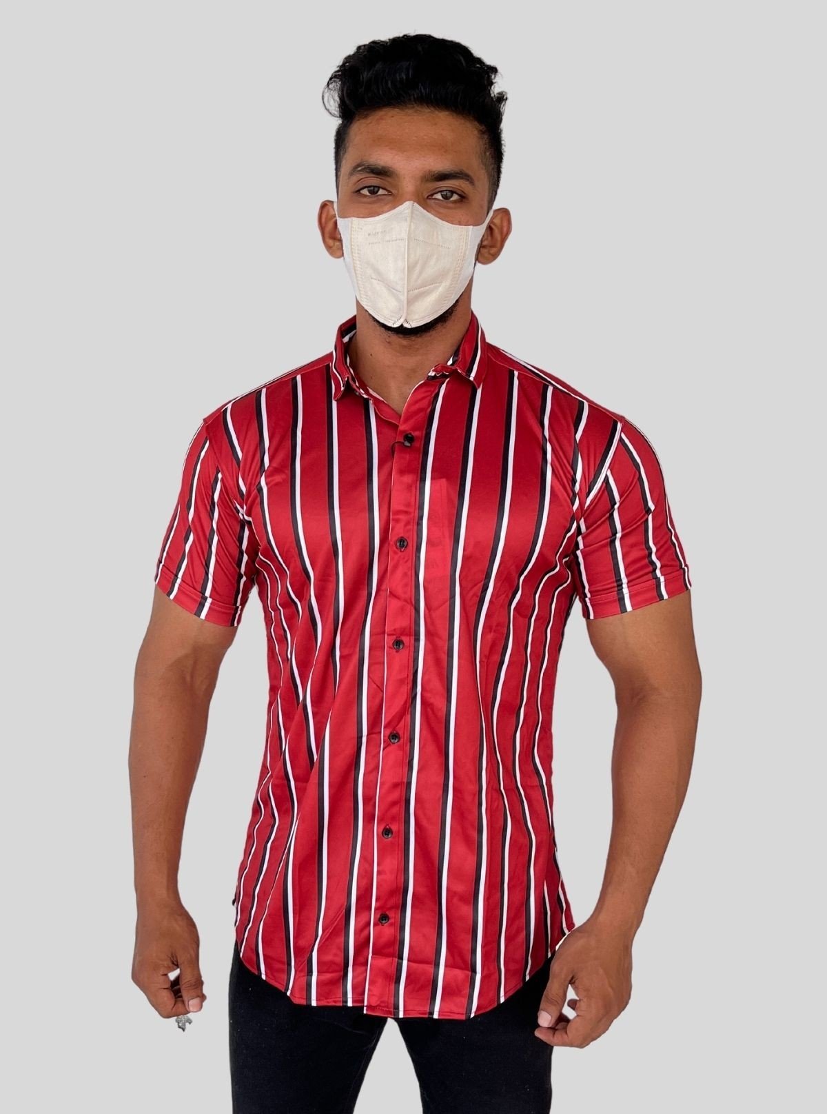 Men’s Red Vertical Striped Printed Poly Shirt – Sleek Casual Style by Boer & Fitch - Boer and Fitch