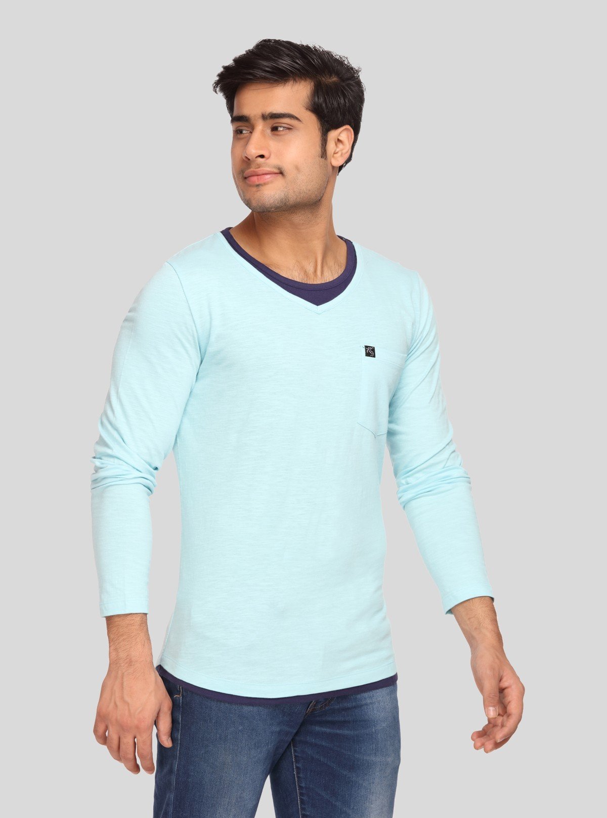 Men's Sea Blue V - Neck Slub Jersey Full Sleeve T-Shirt – Relaxed Style & Texture - Boer and Fitch