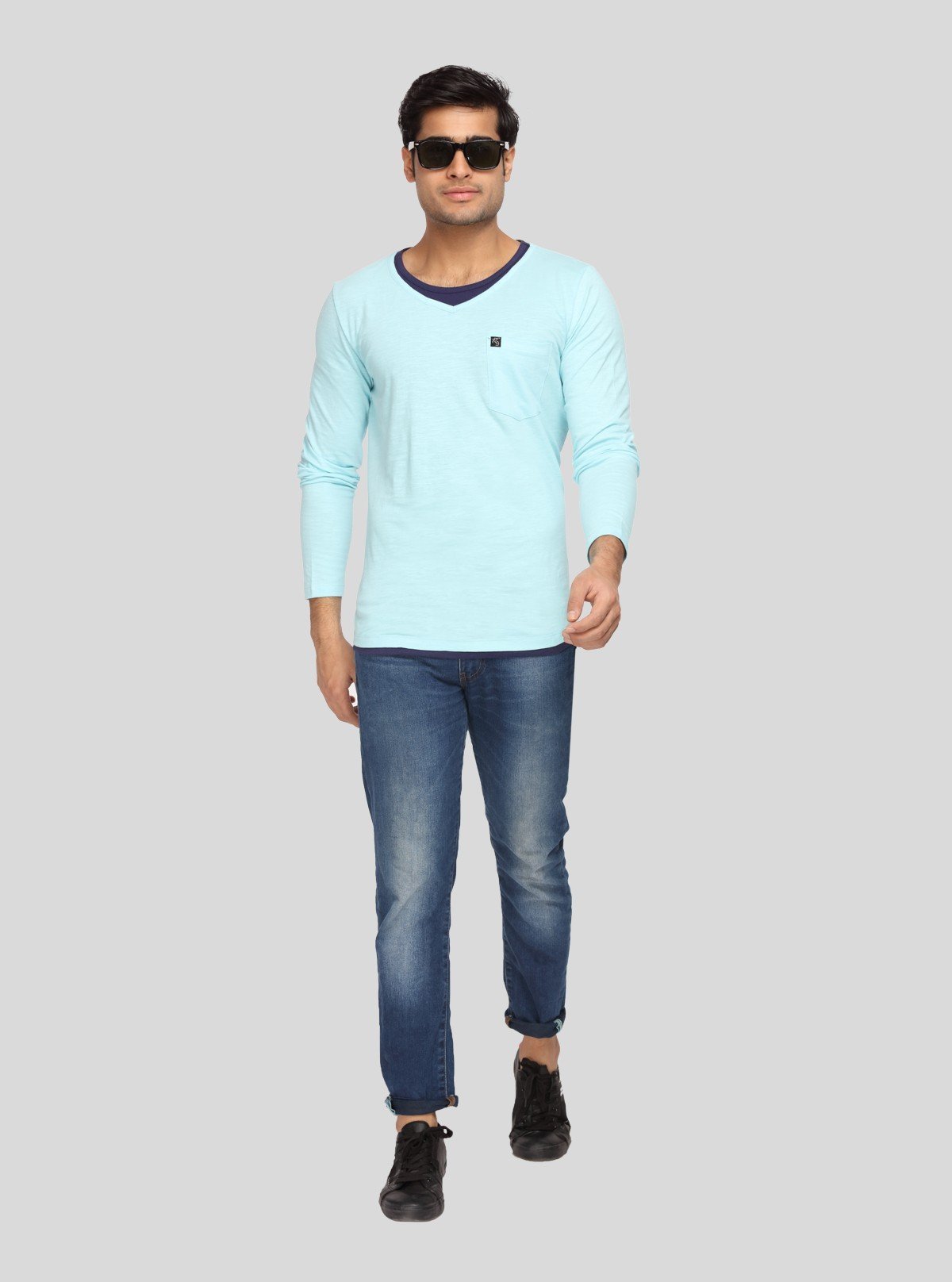 Men's Sea Blue V - Neck Slub Jersey Full Sleeve T-Shirt – Relaxed Style & Texture - Boer and Fitch