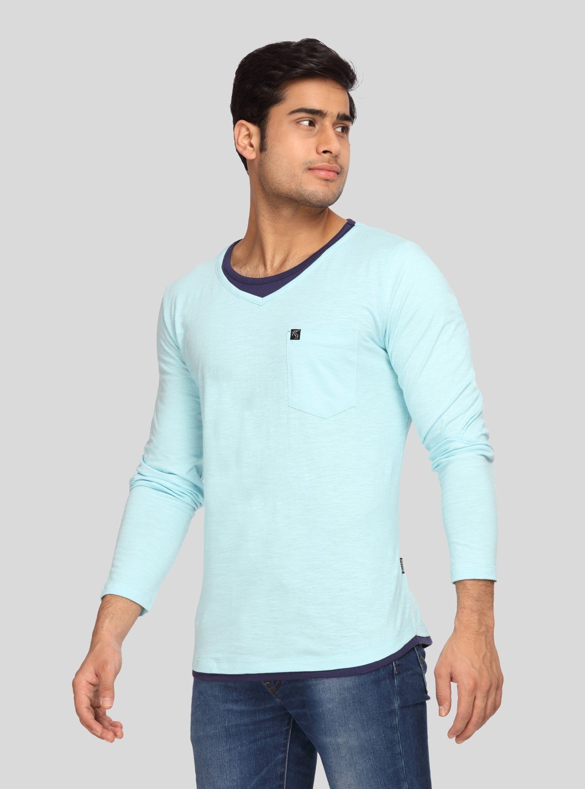Men's Sea Blue V - Neck Slub Jersey Full Sleeve T-Shirt – Relaxed Style & Texture - Boer and Fitch