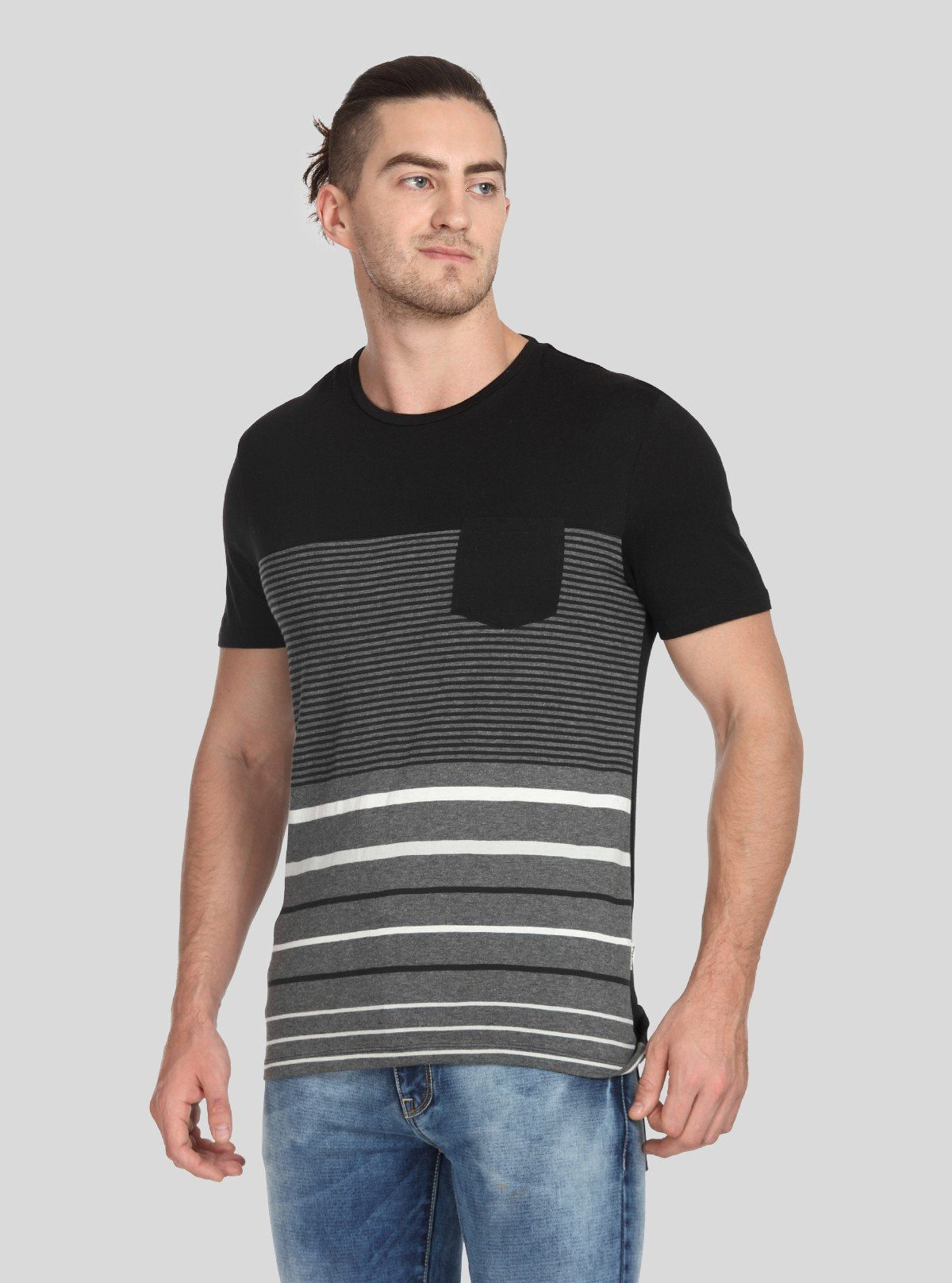 Men’s Textured Black Round Neck T-Shirt with Patch Pocket – Stylish Minimalism - Boer and Fitch