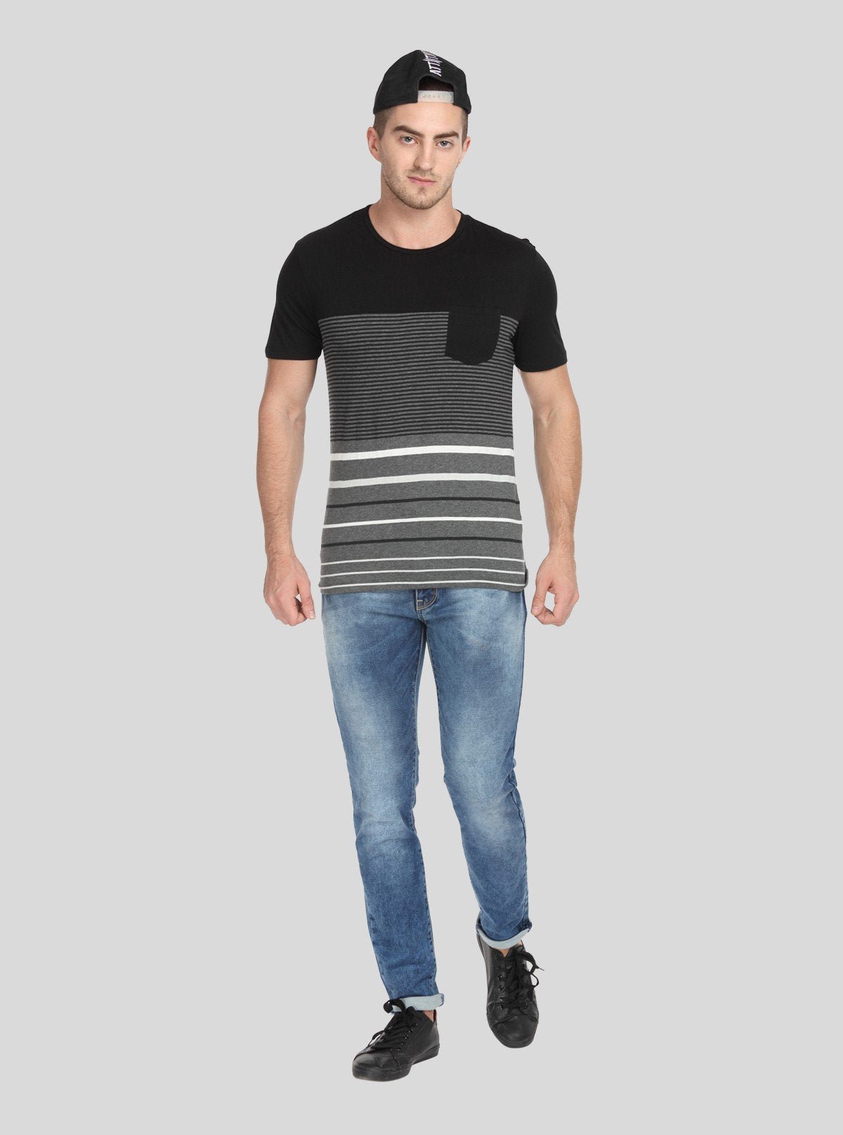 Men’s Textured Black Round Neck T-Shirt with Patch Pocket – Stylish Minimalism - Boer and Fitch