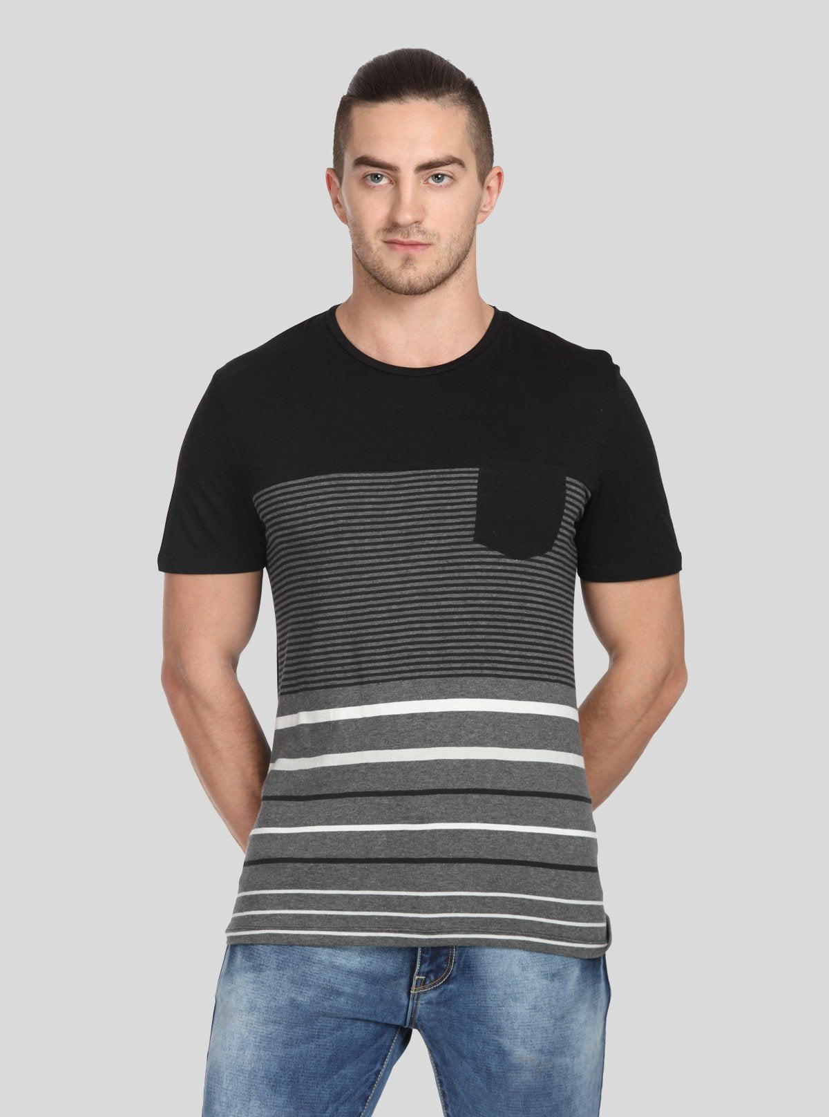 Men’s Textured Black Round Neck T-Shirt with Patch Pocket – Stylish Minimalism - Boer and Fitch