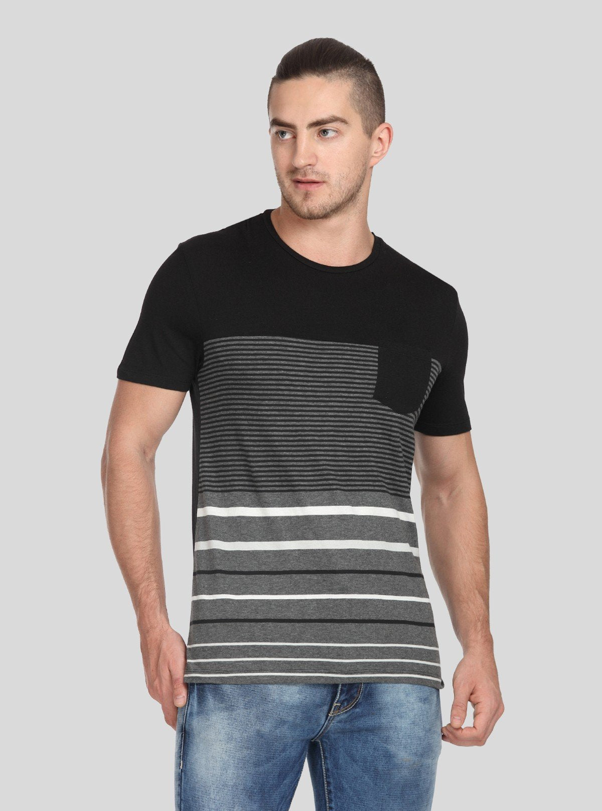 Men’s Textured Black Round Neck T-Shirt with Patch Pocket – Stylish Minimalism - Boer and Fitch