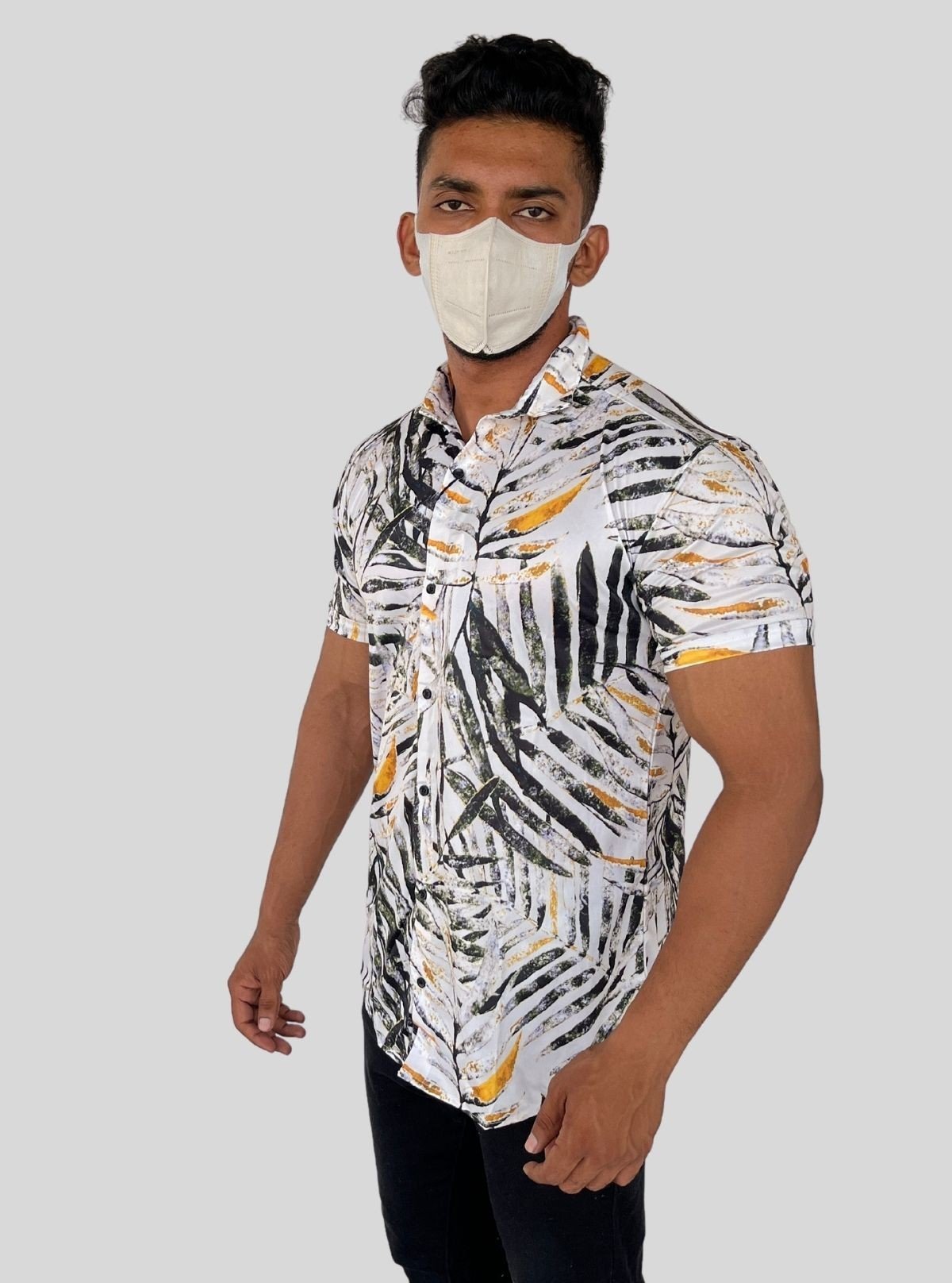 Men’s White Bamboo Leaves Printed Poly Shirt – Tropical Vibe by Boer & Fitch - Boer and Fitch
