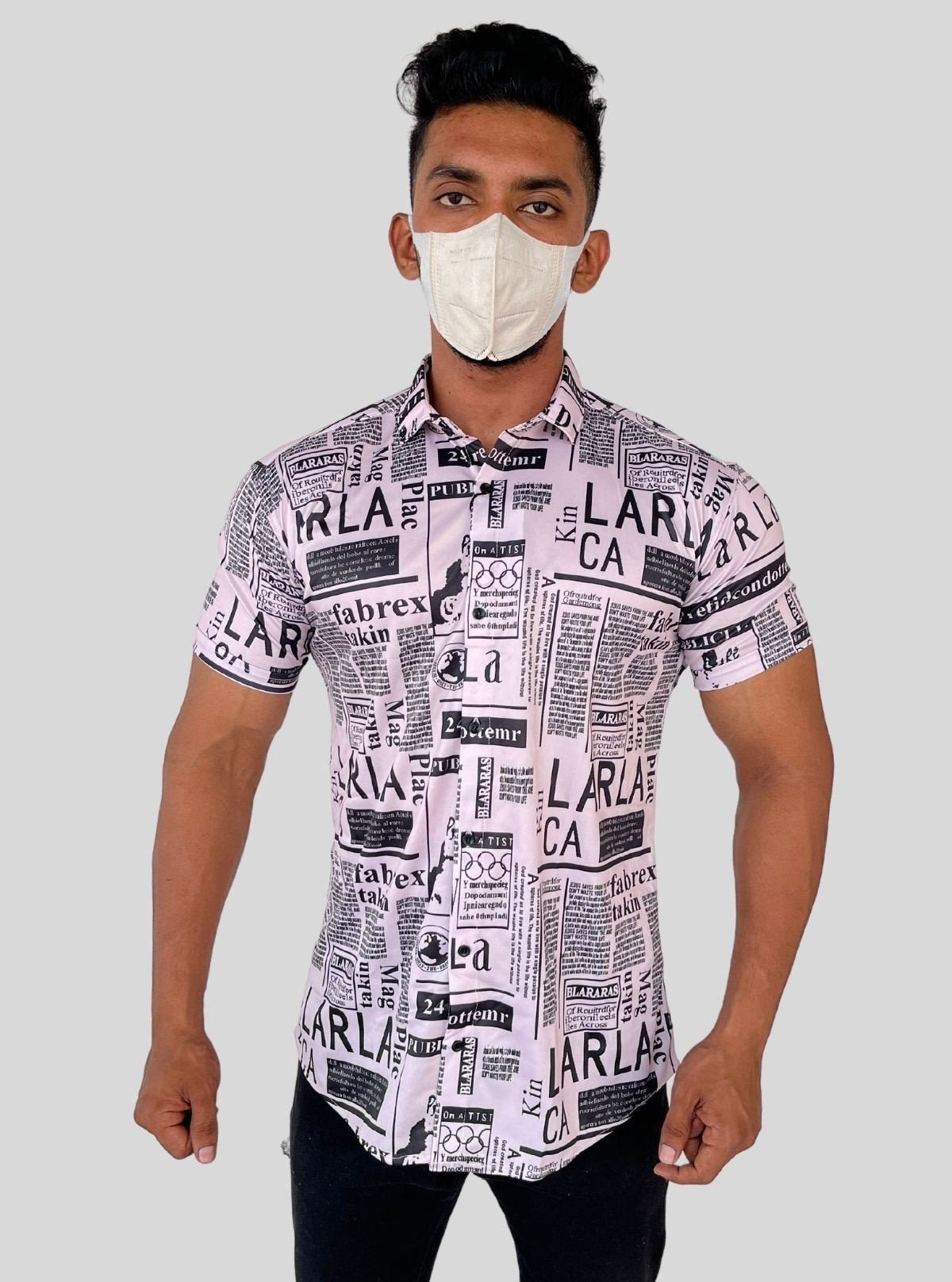 Men’s White Newspaper Print Poly Shirt – Trendy Slim Fit Casualwear by Boer & Fitch - Boer and Fitch