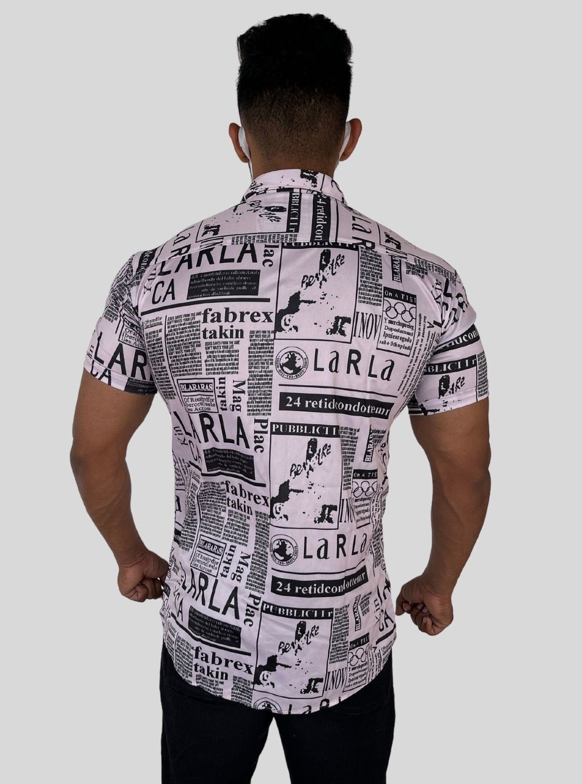 Men’s White Newspaper Print Poly Shirt – Trendy Slim Fit Casualwear by Boer & Fitch - Boer and Fitch