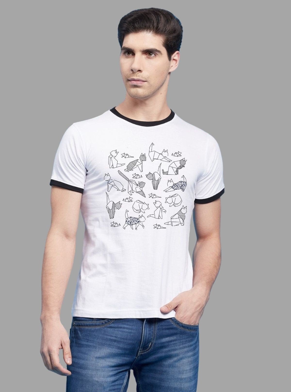 Men’s White Origami Print T-Shirt with Contrast Detailing – Bold Graphic Tee - Boer and Fitch