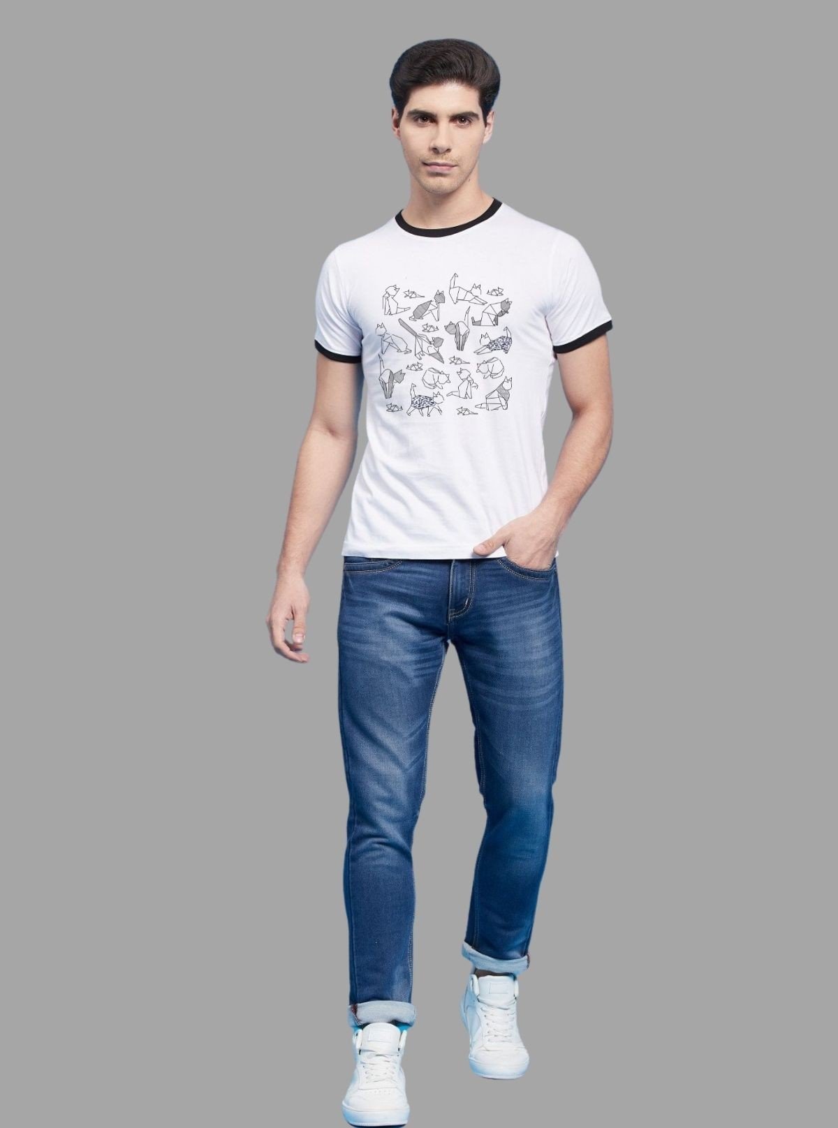 Men’s White Origami Print T-Shirt with Contrast Detailing – Bold Graphic Tee - Boer and Fitch