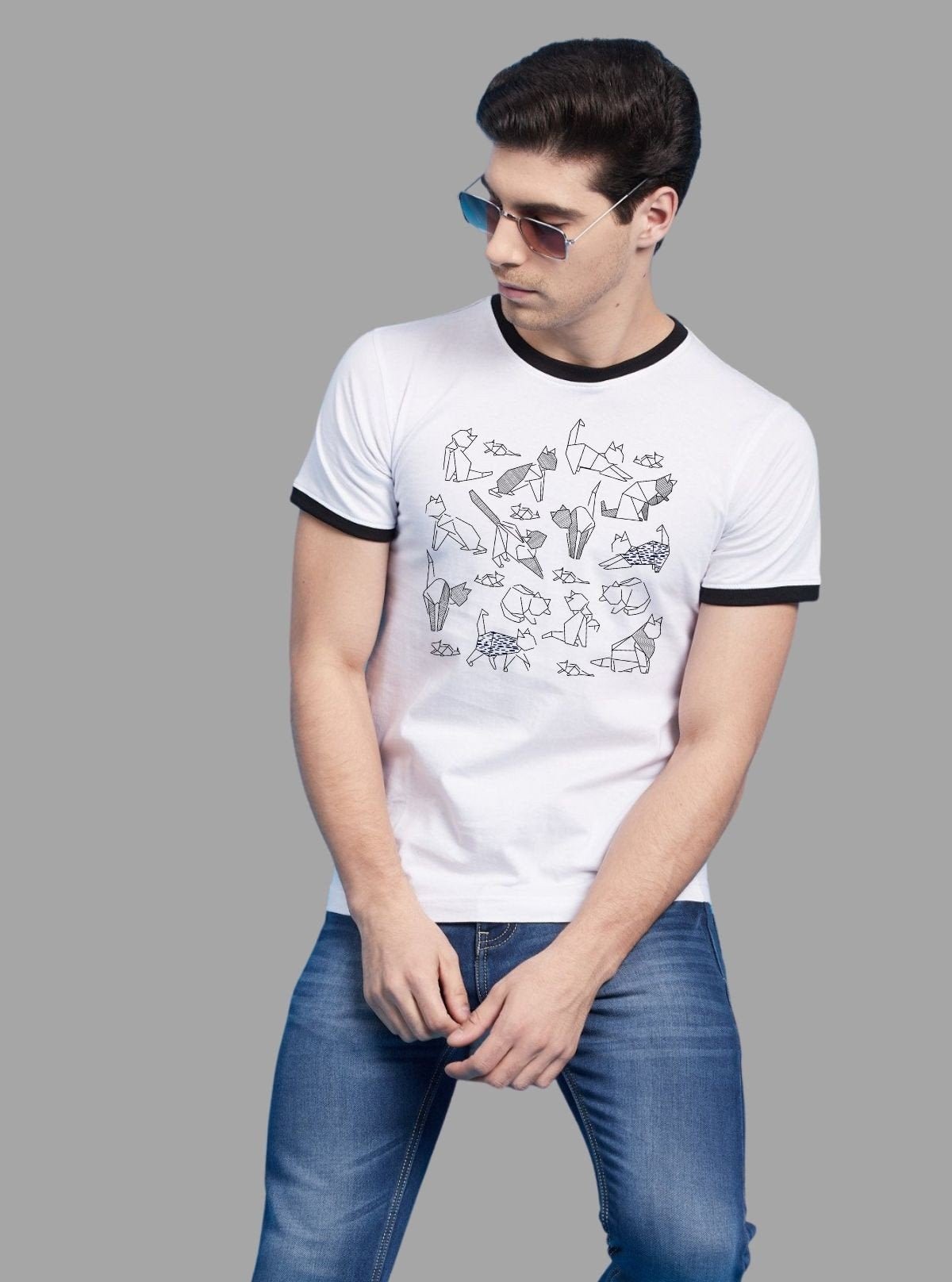 Men’s White Origami Print T-Shirt with Contrast Detailing – Bold Graphic Tee - Boer and Fitch