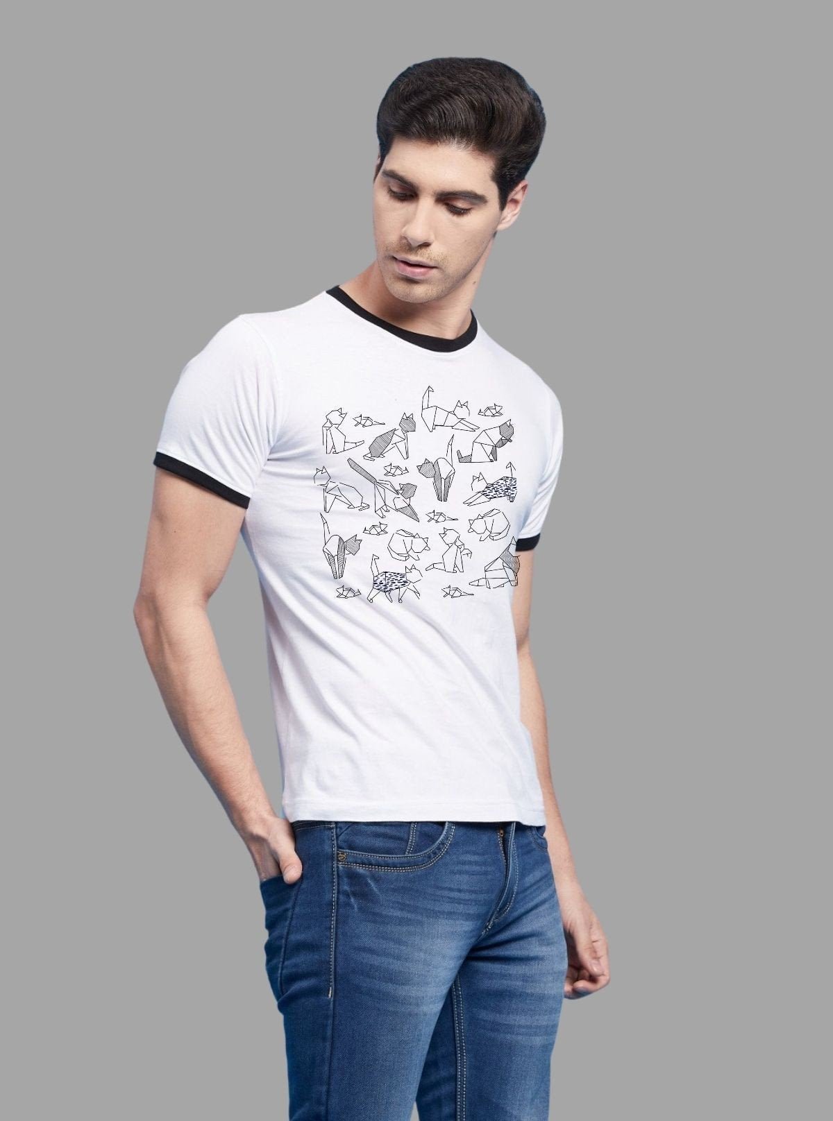 Men’s White Origami Print T-Shirt with Contrast Detailing – Bold Graphic Tee - Boer and Fitch