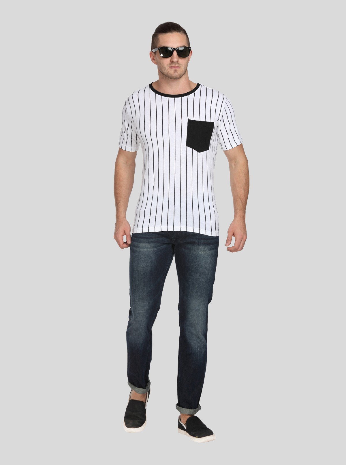 Men’s White Striped T-Shirt with Patch Pocket – Smart & Stylish Everyday Wear - Boer and Fitch