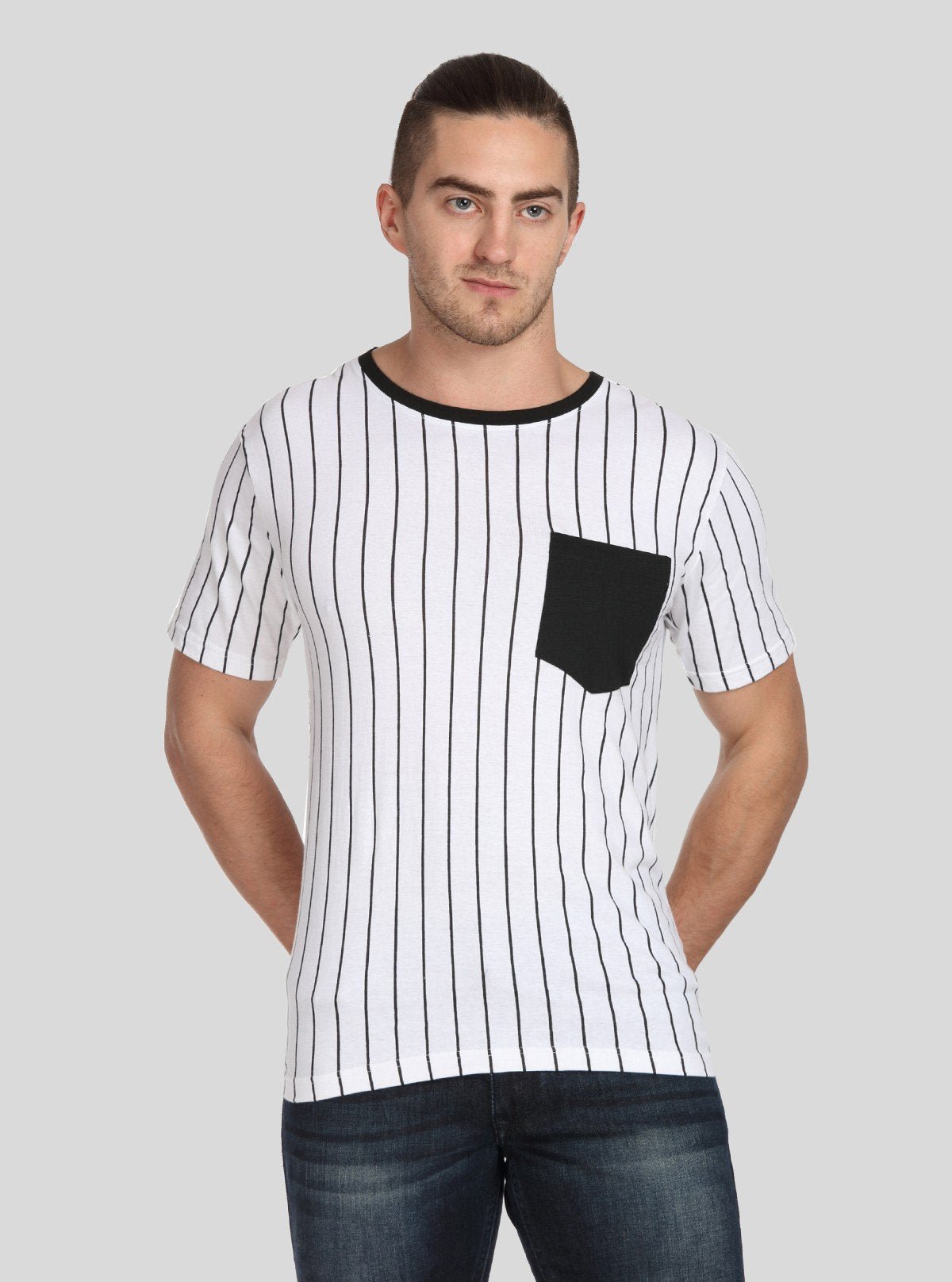 Men’s White Striped T-Shirt with Patch Pocket – Smart & Stylish Everyday Wear - Boer and Fitch