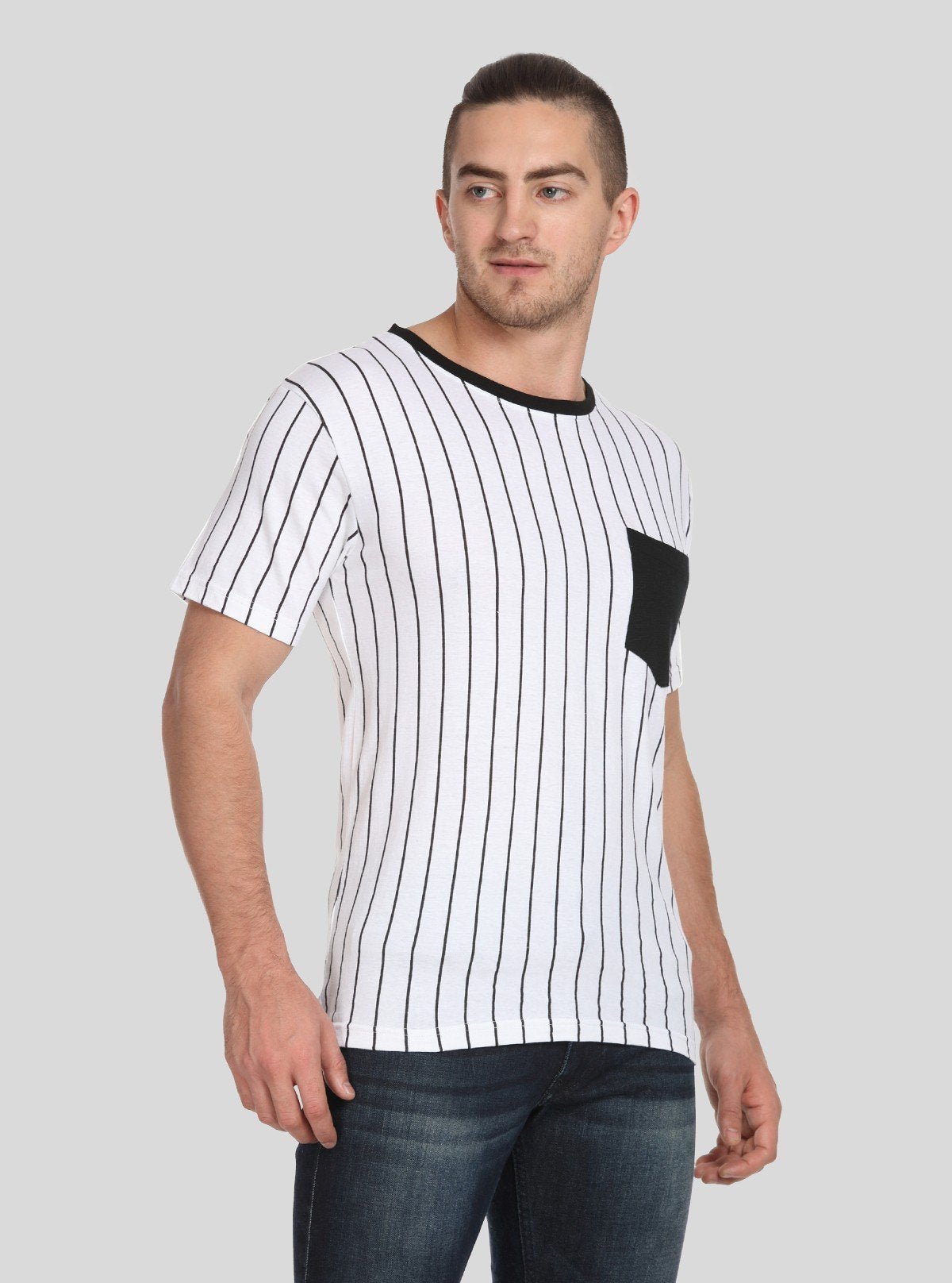 Men’s White Striped T-Shirt with Patch Pocket – Smart & Stylish Everyday Wear - Boer and Fitch