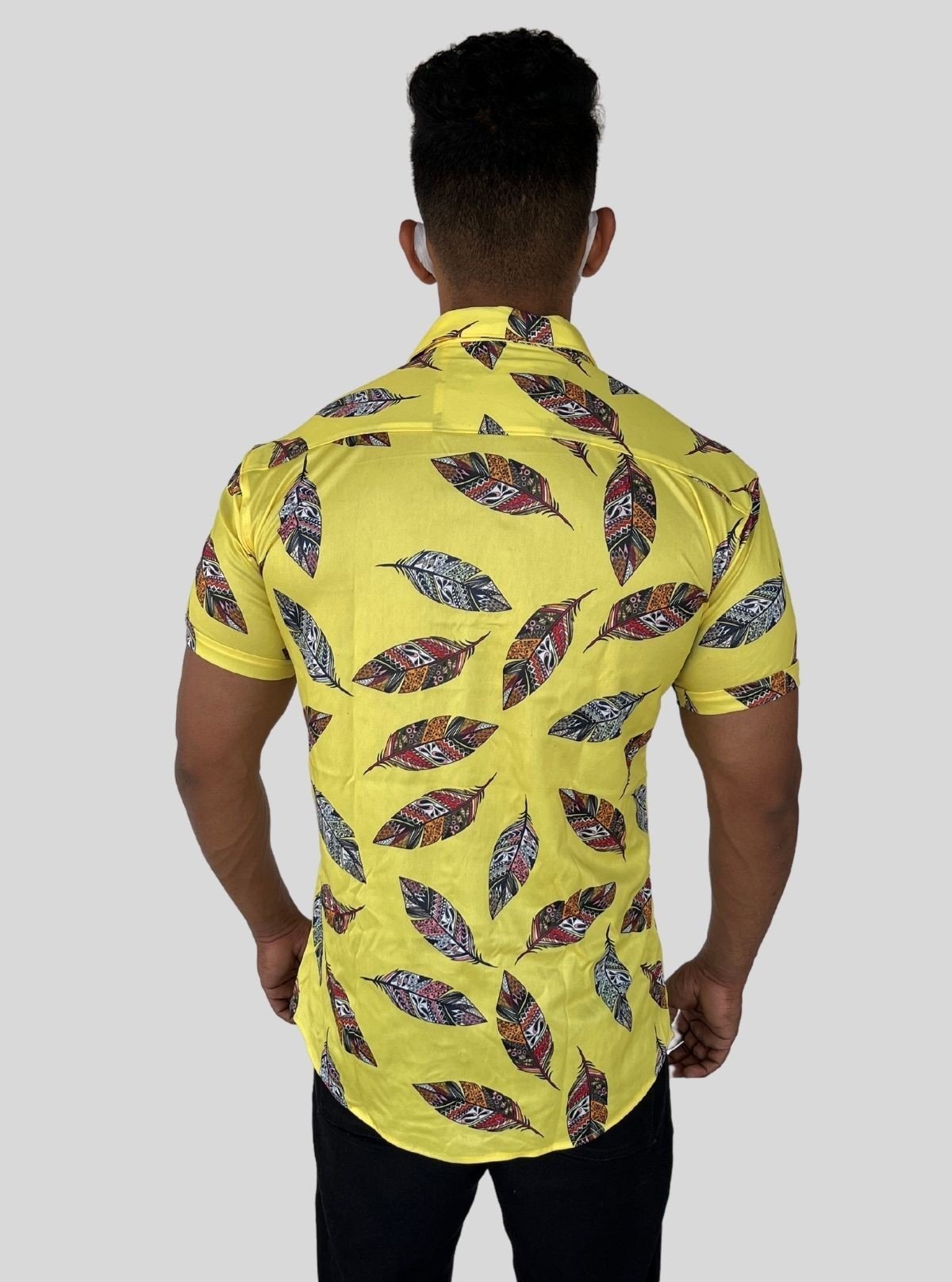 Men’s Yellow Feather Printed Poly Shirt – Lightweight & Stylish by Boer & Fitch - Boer and Fitch