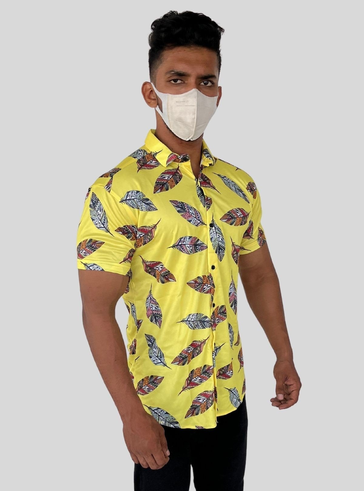Men’s Yellow Feather Printed Poly Shirt – Lightweight & Stylish by Boer & Fitch - Boer and Fitch
