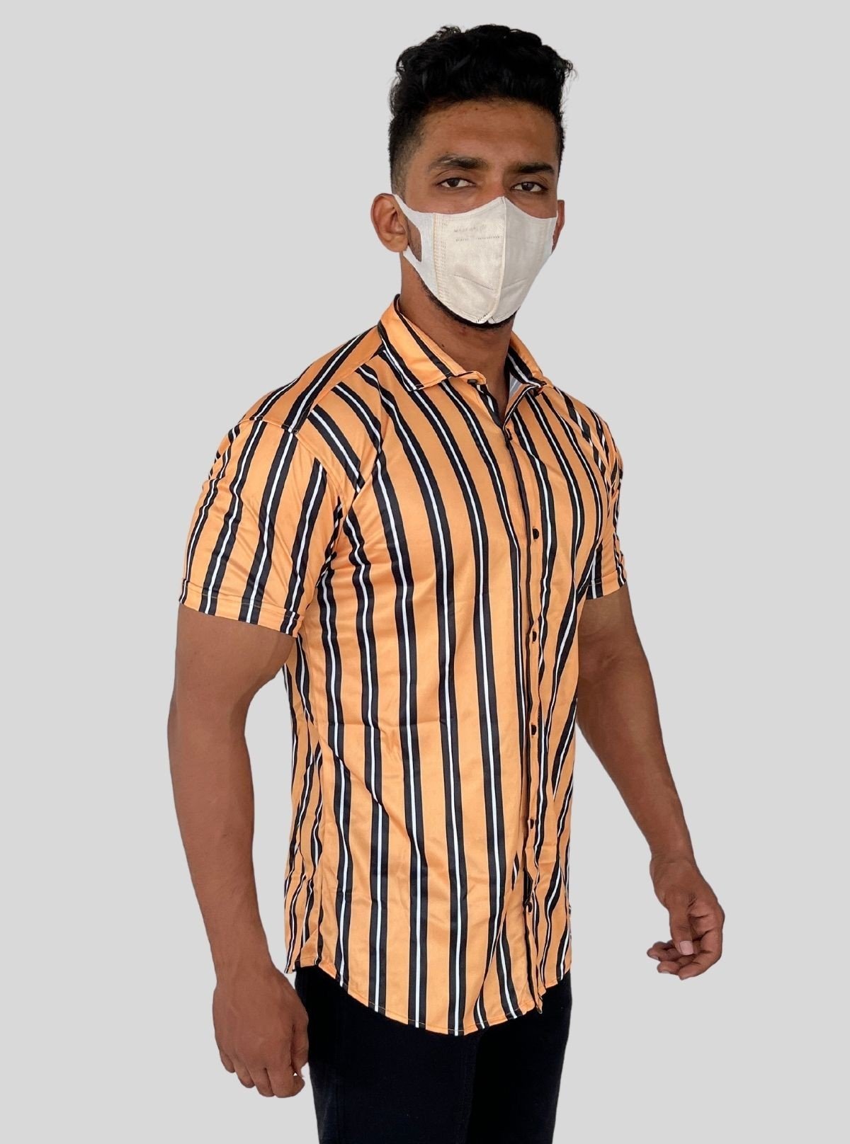 Men’s Yellow Vertical Striped Printed Poly Shirt – Modern Slim Fit by Boer & Fitch - Boer and Fitch