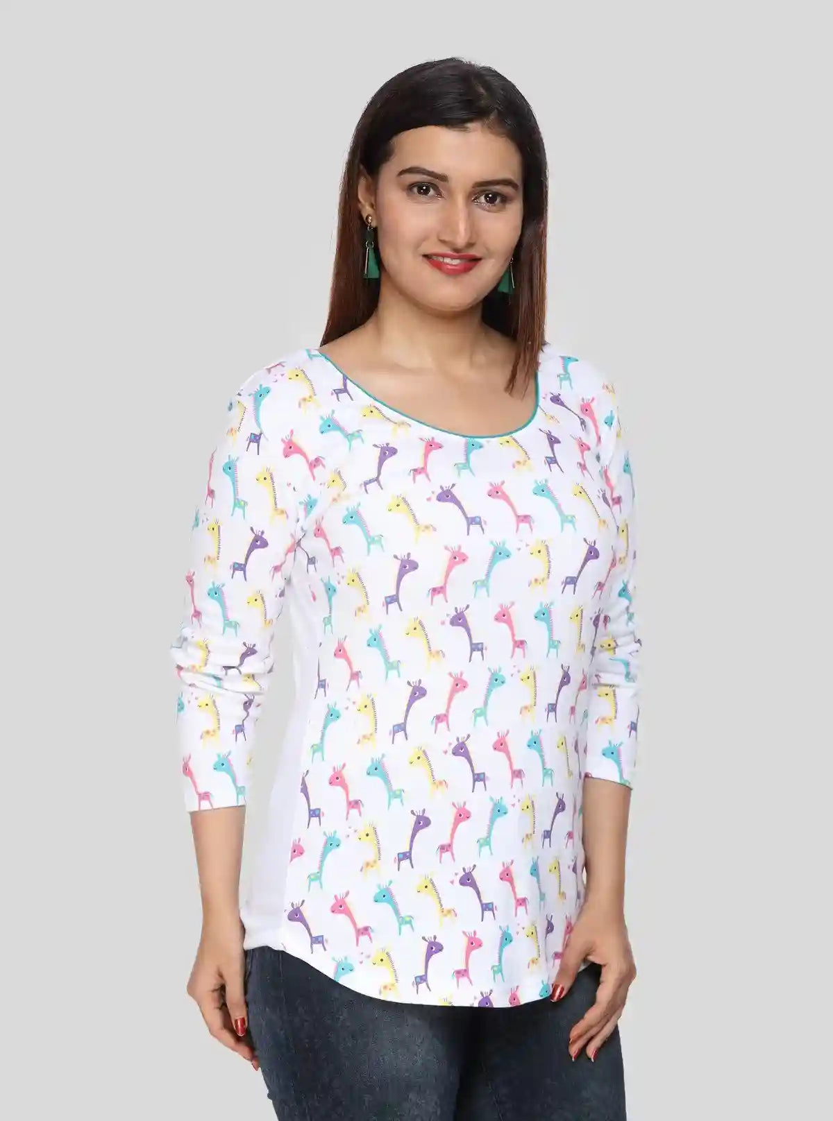 Women's White Scoop Neck Camel Print Long Sleeve Cotton Jersey Top | Buy Online at  Boer and Fitch
