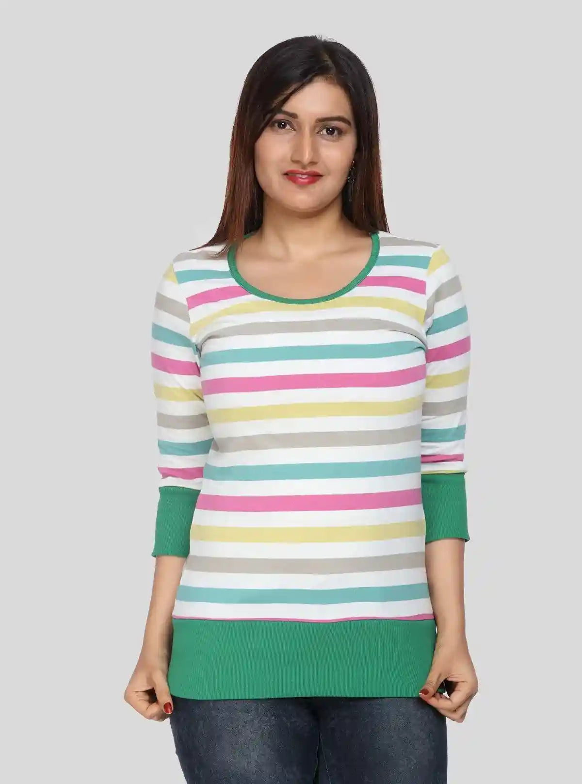 Women’s Green Ribbed Striped Cotton Jersey Top with 3/4th Sleeves | Boer & Fitch | Buy Online at  Boer and Fitch