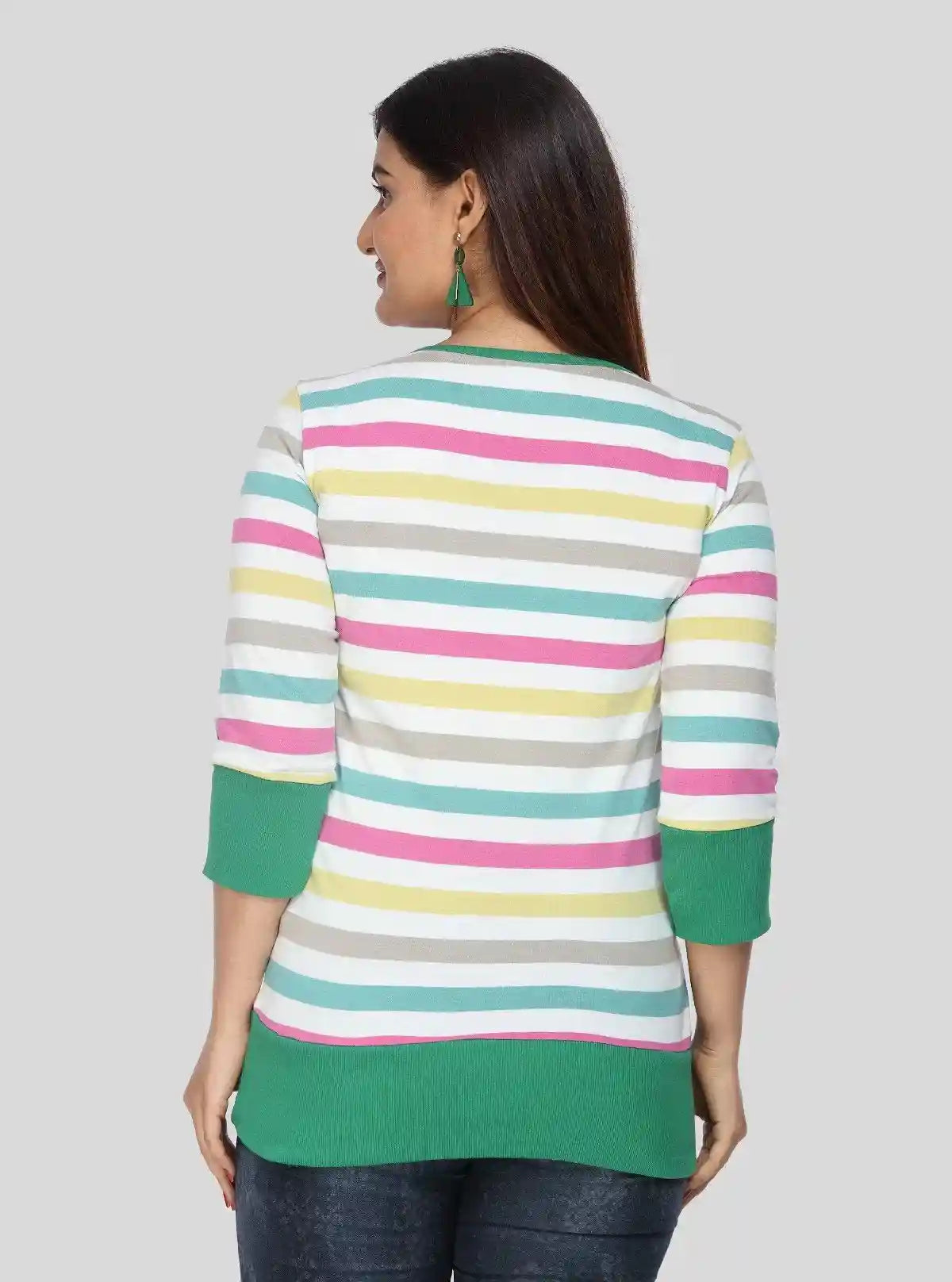 Women’s Green Ribbed Striped Cotton Jersey Top with 3/4th Sleeves | Boer & Fitch | Buy Online at  Boer and Fitch