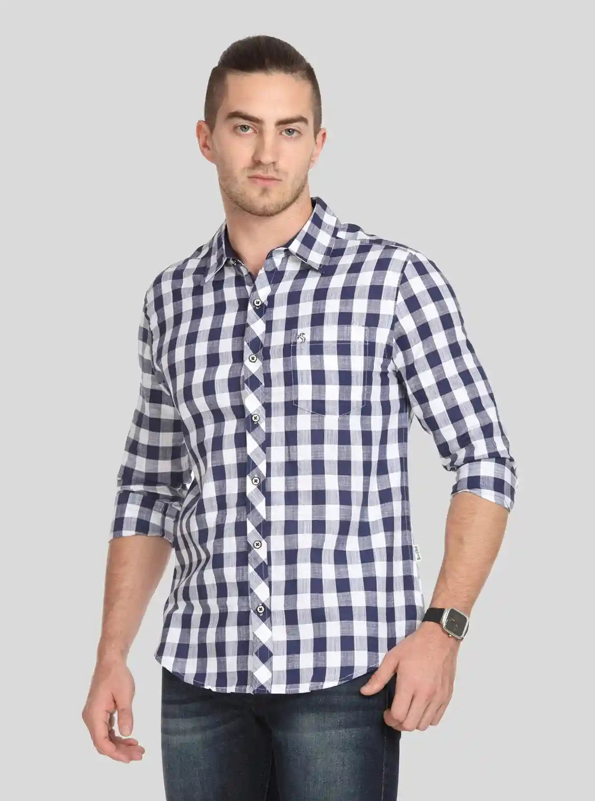 Men’s Navy Checked Slim Fit Full Sleeve Shirt – Modern Casual Elegance by Boer & Fitch | Buy Online at  Boer and Fitch