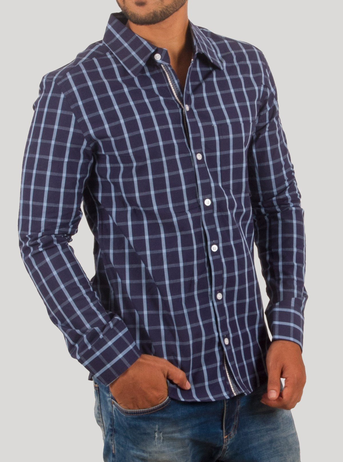 Navy Checked Casual Long Sleeve Shirt for Men – Boer and Fitch - Boer and Fitch