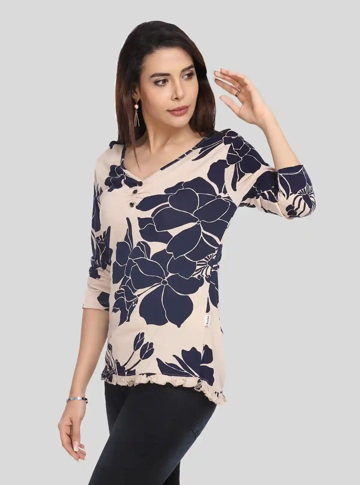 Women’s Beige Leafy Print Long Sleeve Top with Button Front – Cotton Jersey by Boer & Fitch | Buy Online at  Boer and Fitch