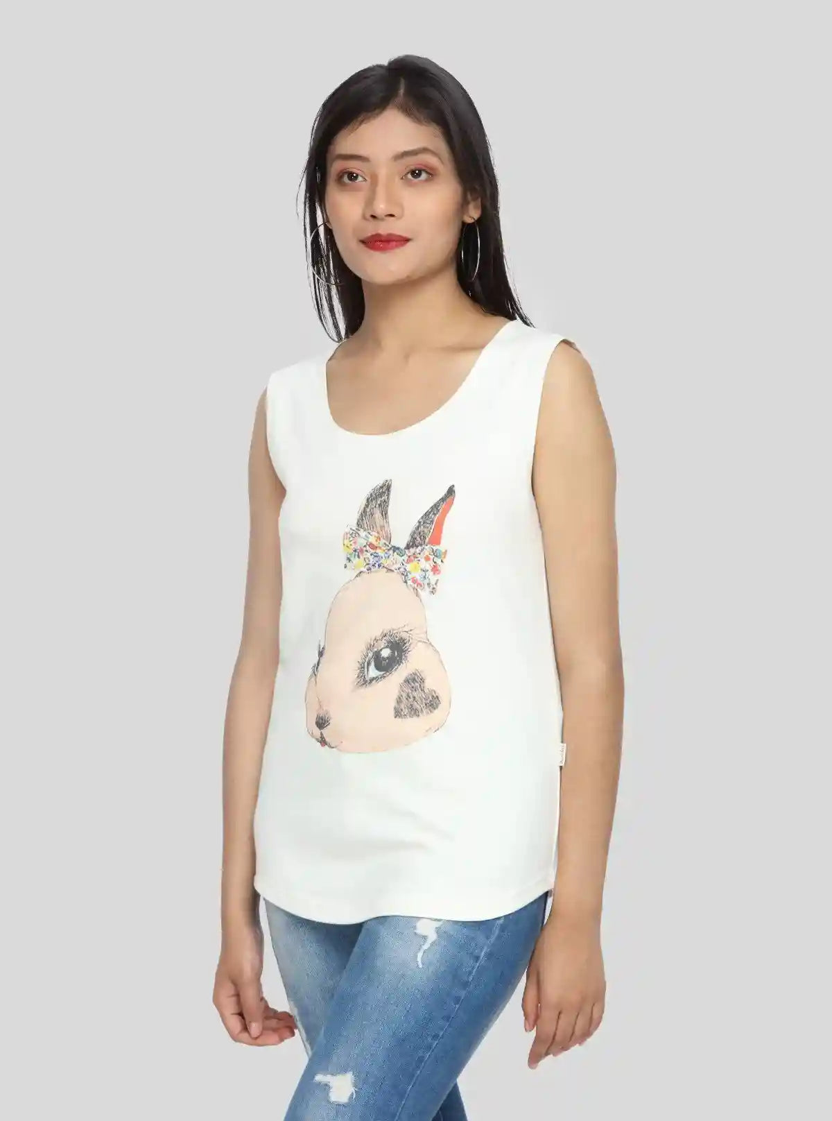 Women’s Cute Rabbit Print White Sleeveless Top – Stylish & Comfortable by Boer and Fitch | Buy Online at  Boer and Fitch