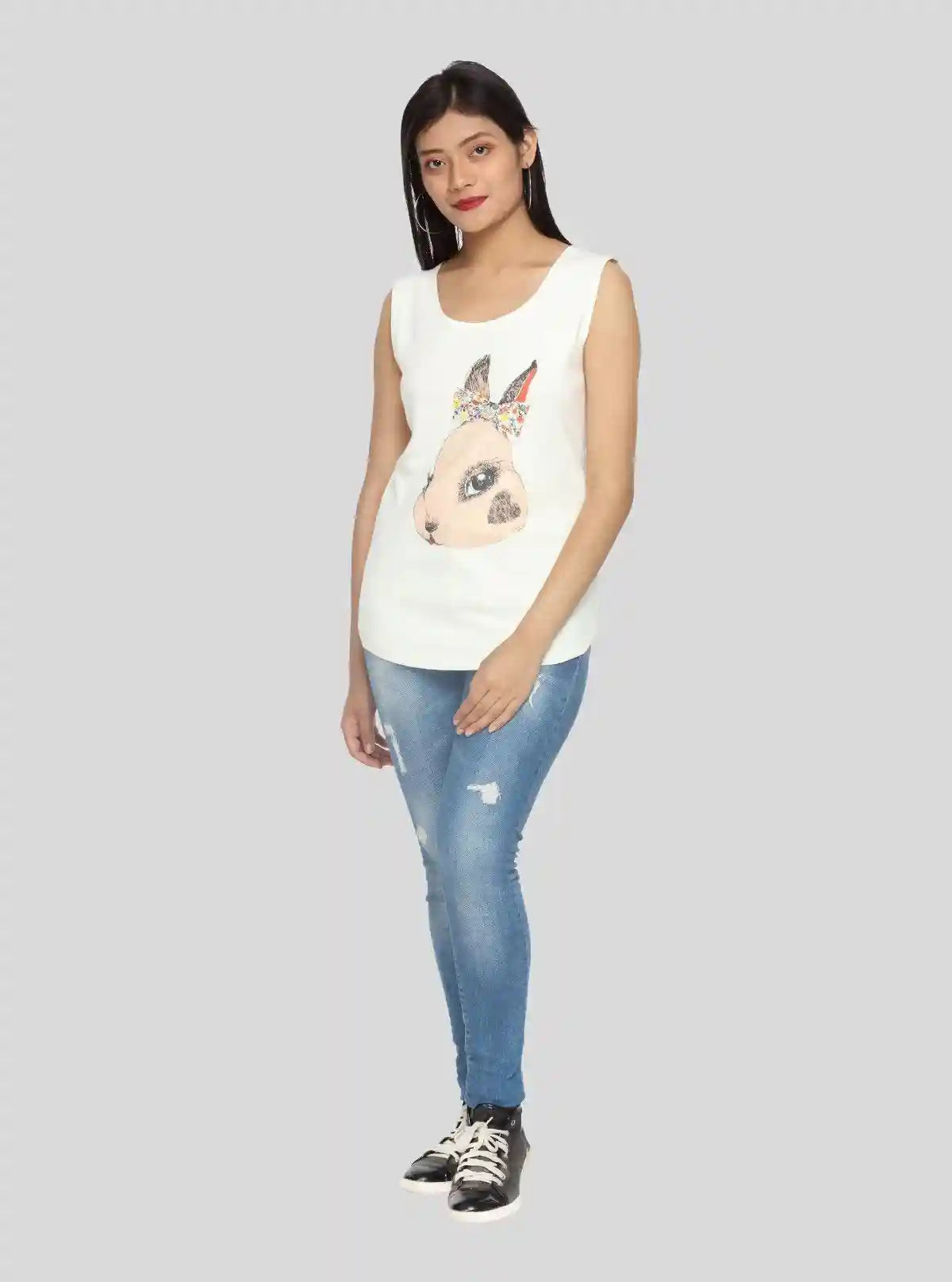 Women’s Cute Rabbit Print White Sleeveless Top – Stylish & Comfortable by Boer and Fitch | Buy Online at  Boer and Fitch