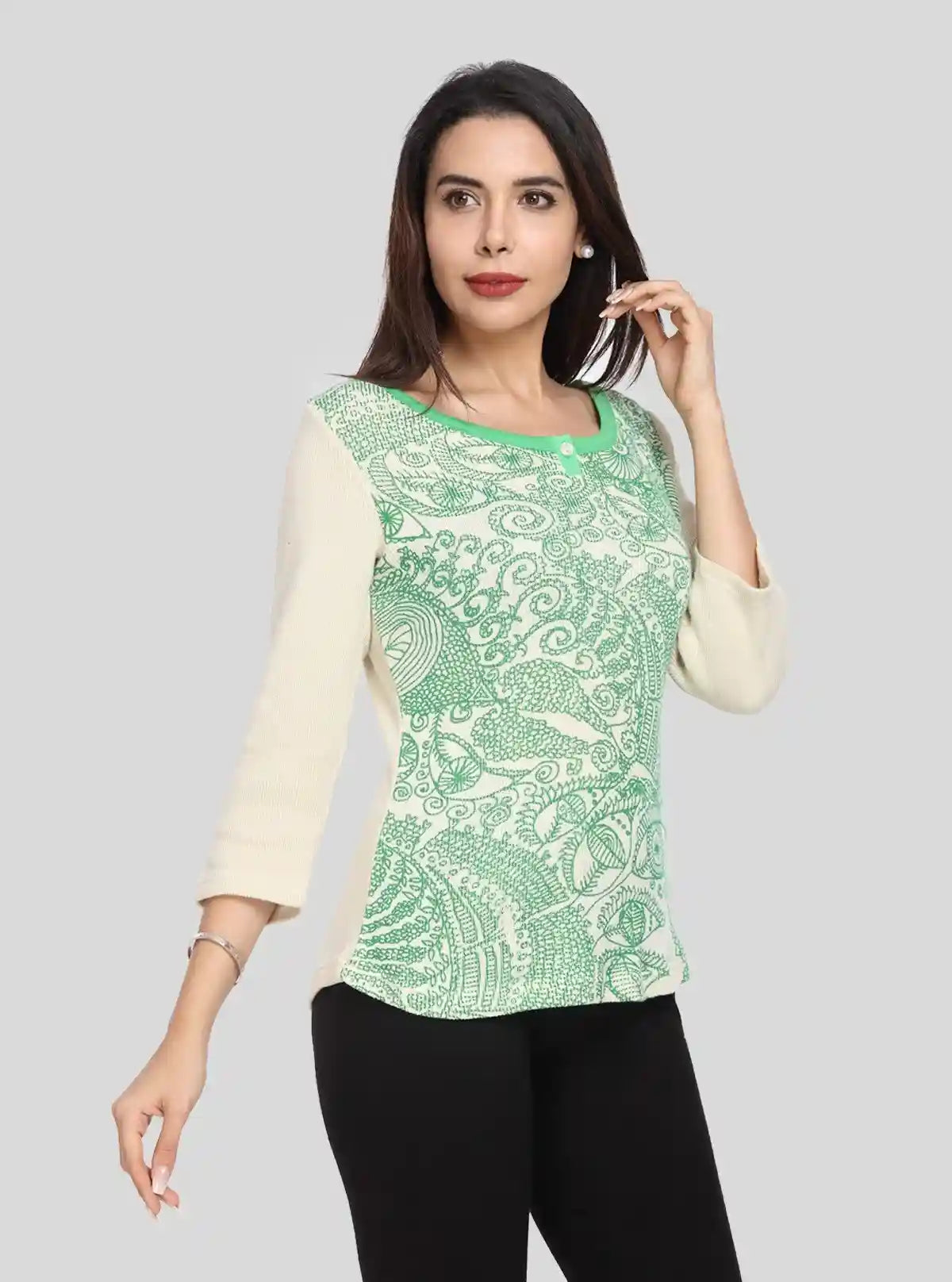 Women’s Ecru Printed Cotton Ribbed Boat Neck Sweat Top | Buy Online at  Boer and Fitch