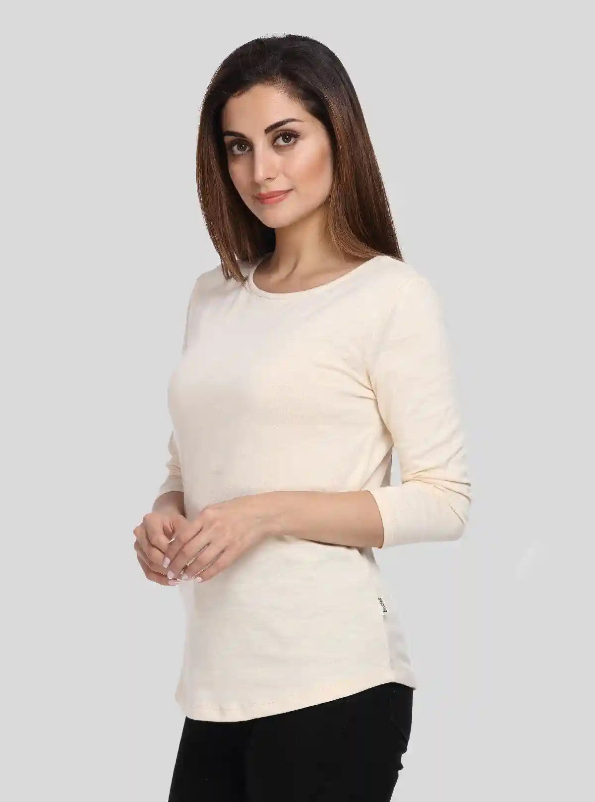 Women’s Ecru Solid Round Neck Cotton Jersey Top with 3/4th Sleeves | Boer & Fitch | Buy Online at  Boer and Fitch