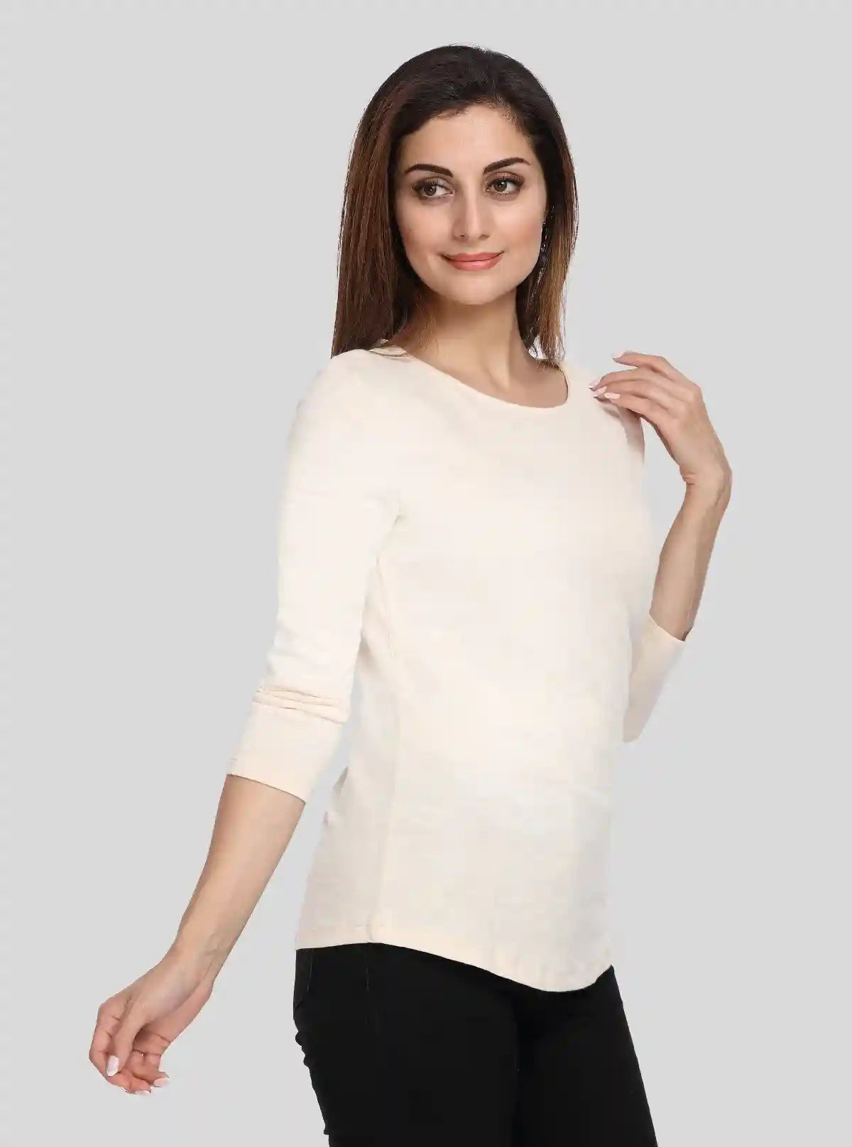 Women’s Ecru Solid Round Neck Cotton Jersey Top with 3/4th Sleeves | Boer & Fitch | Buy Online at  Boer and Fitch