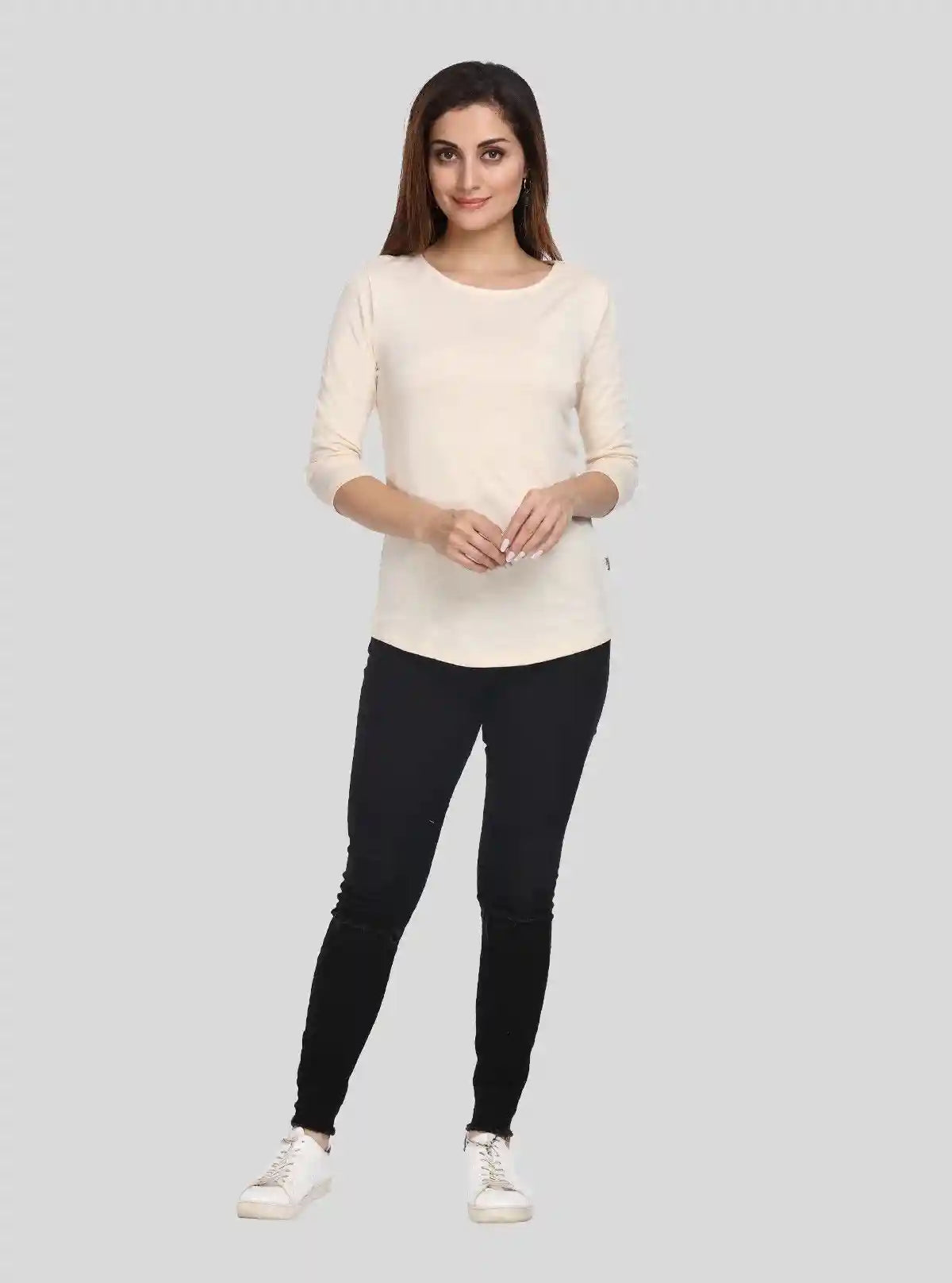 Women’s Ecru Solid Round Neck Cotton Jersey Top with 3/4th Sleeves | Boer & Fitch | Buy Online at  Boer and Fitch